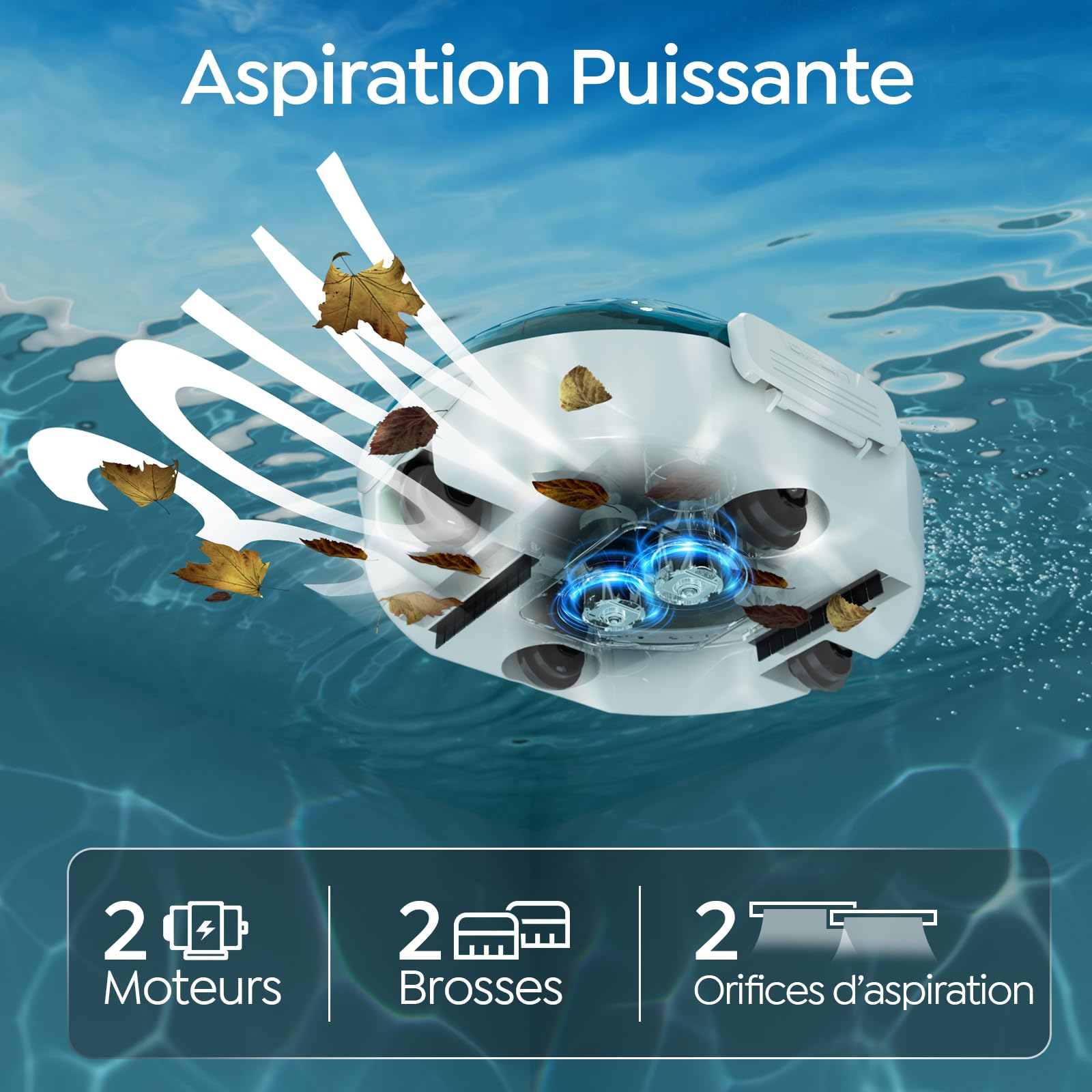 S2 Robot Piscine à Double Filtration, Nettoyeur de Piscine, Aspirateur Piscine sans Fil,Autonomie 90 Min