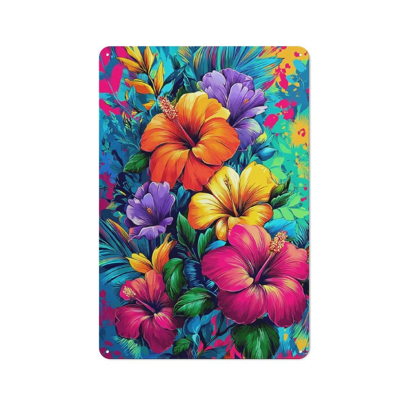 Junmoney Vibrant Tropical Floral Canvas -2 Metal Wall Art Sign 30X20cm, Vintage Vintage Wall Decor For Lounge, Study, Pub Or Wall Gallery