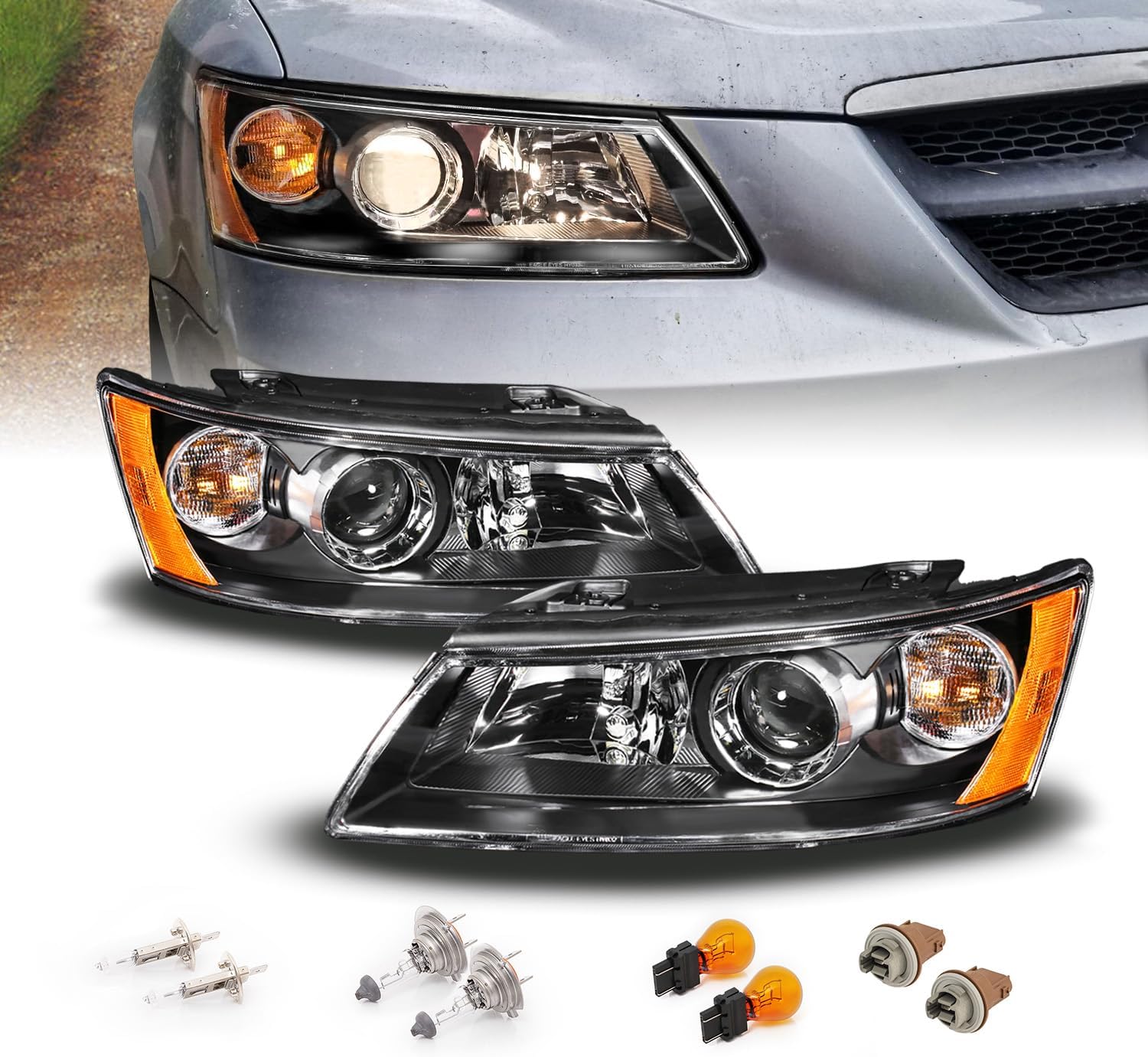 AmeriLite for 2006-2008 Hyundai Sonata Black Replacment Projector Headlights Pair w/Bulbs - Driver and Passenger Side