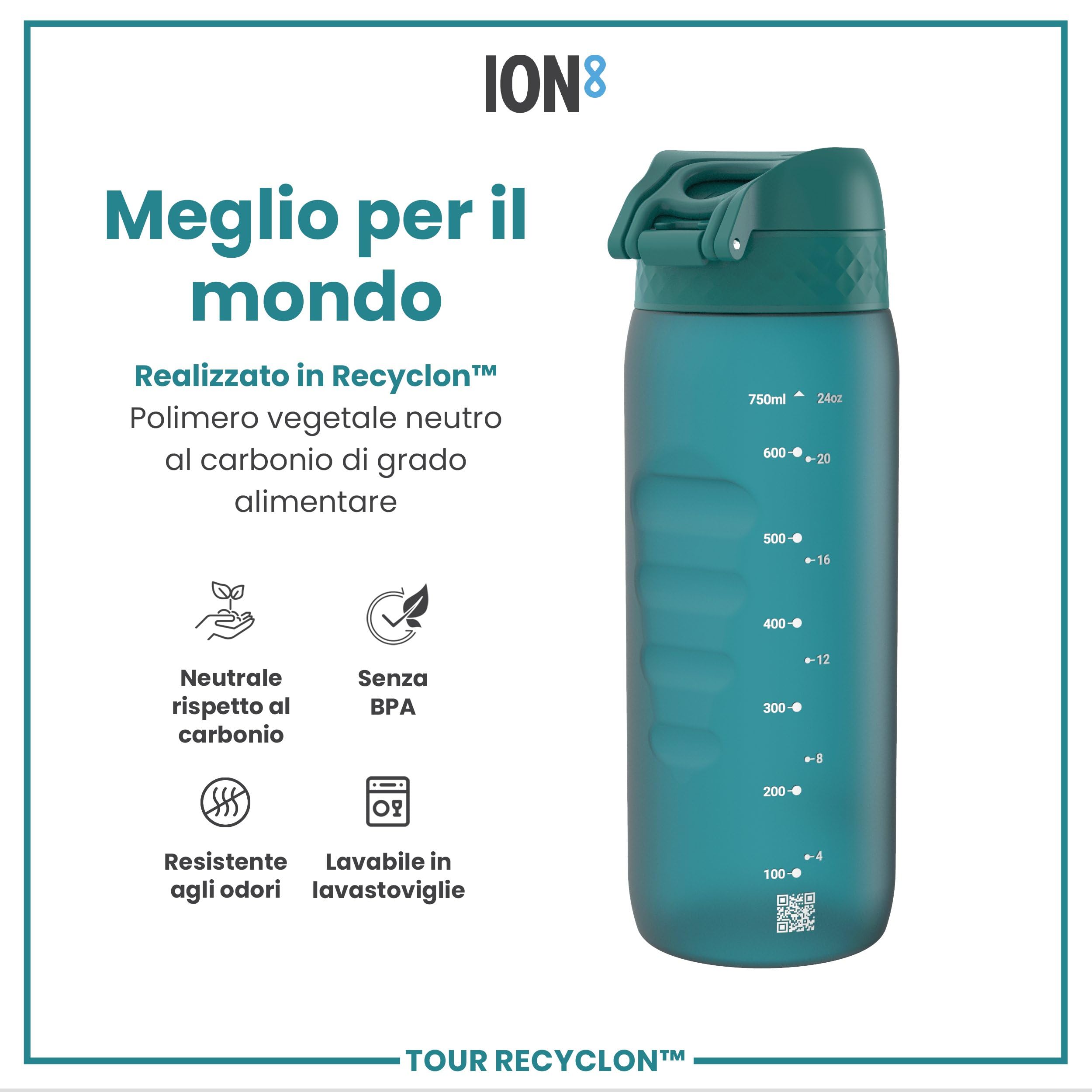Ion8 Borraccia a Prova di Perdite, 750ml, Sportiva, Facile da Aprire, Serratura Sicura, Maniglia per il Trasporto, Lavabile in Lavastoviglie, Senza BPA, Agarre Contorneado, Acqua