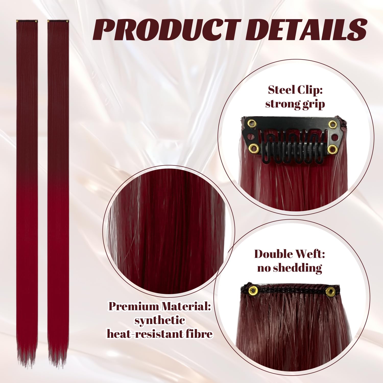 10 Pcs Red Hair Extensions, Dark Red-wine red gradient, 22 inches - Image 3