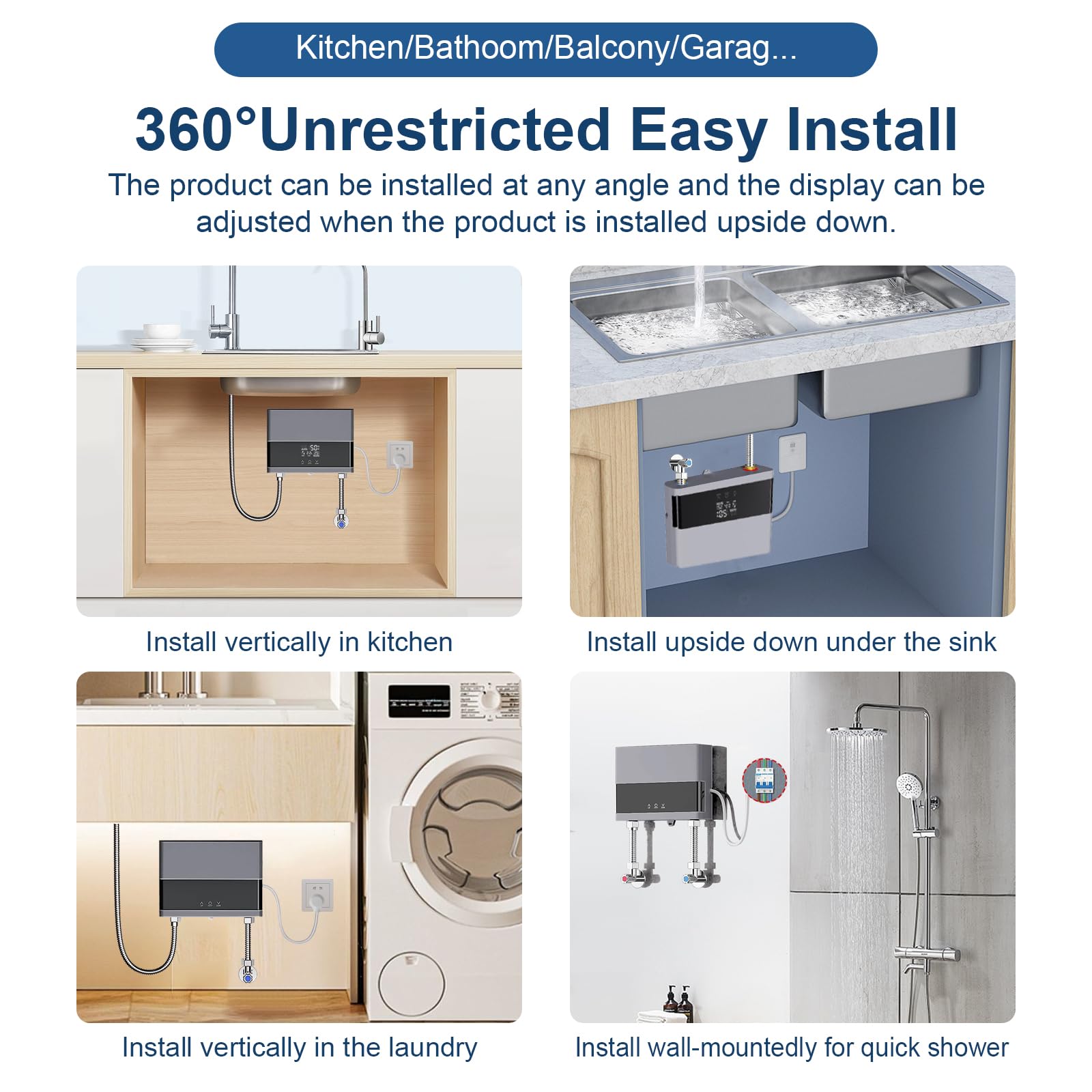 Chauffe-eau électriques 220V 6000W, Chauffe-eau électrique sans réservoir, Petit chauffe-eau instantané électrique économie d'eau Avec écran numérique, Pour cuisine, salle de bain, lavage (Sliver)