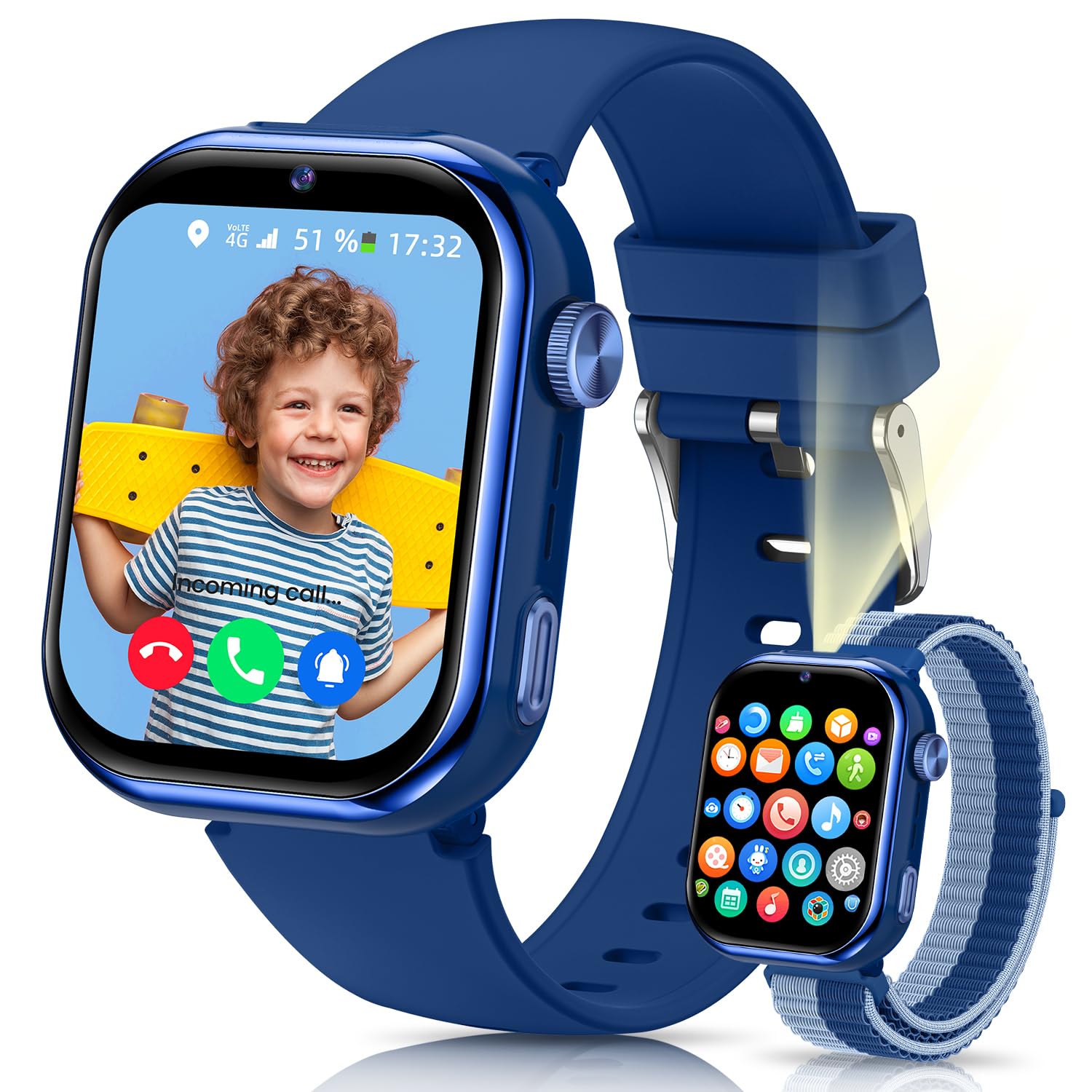 4G Smartwatch Bambini, IP68 Orologio Smartwatch Bambini con GPS, Doppia Fotocamera, Videochiamate, Chiamate, Chat Vocale, SOS, Modalità Scuola, Torcia, Contapassi Smart Watch per Ragazzi e Ragazze Blu