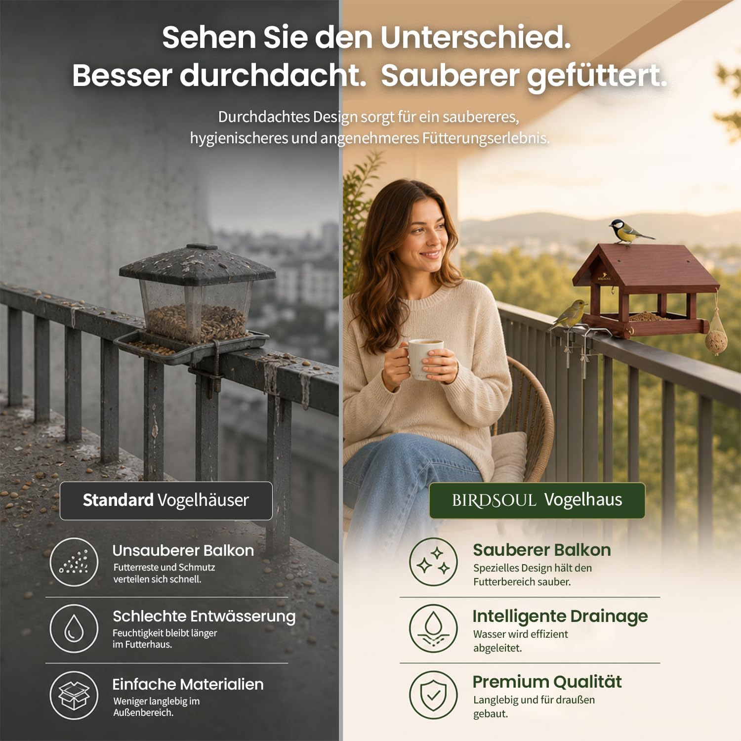 Vogelhaus Balkon [FlexMount 3in1] Holz Vogelhaus zum aufhängen