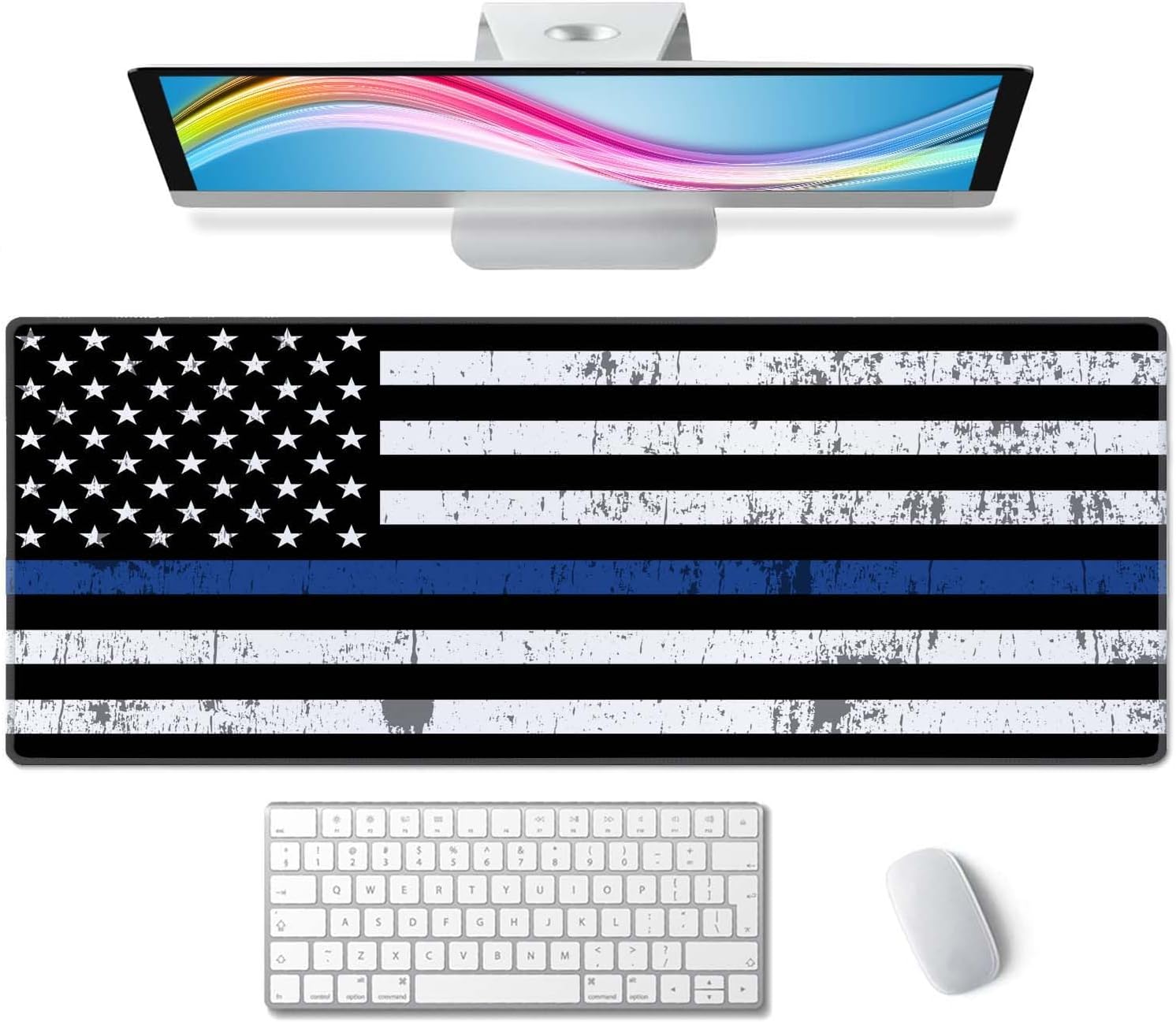 Gaming Mouse Pad, Large Mouse Pads for Desk, Non-Slip Rubber Base Mousepad, Keyboard Mouse Mat Desk Pad with Stitched Edges, 31.5x11.8 inch Retro Thin Blue Line Flag