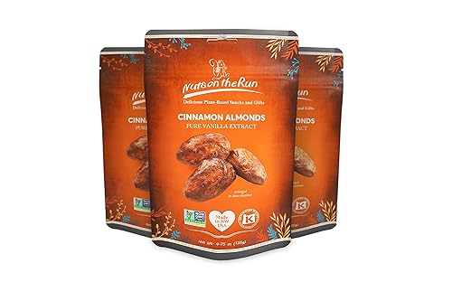Almendras de canela, veganas, kosher, sin gluten, sin OMG, 4.75 onzas (paquete de 3 bolsas), garantía de satisfacción, veganas