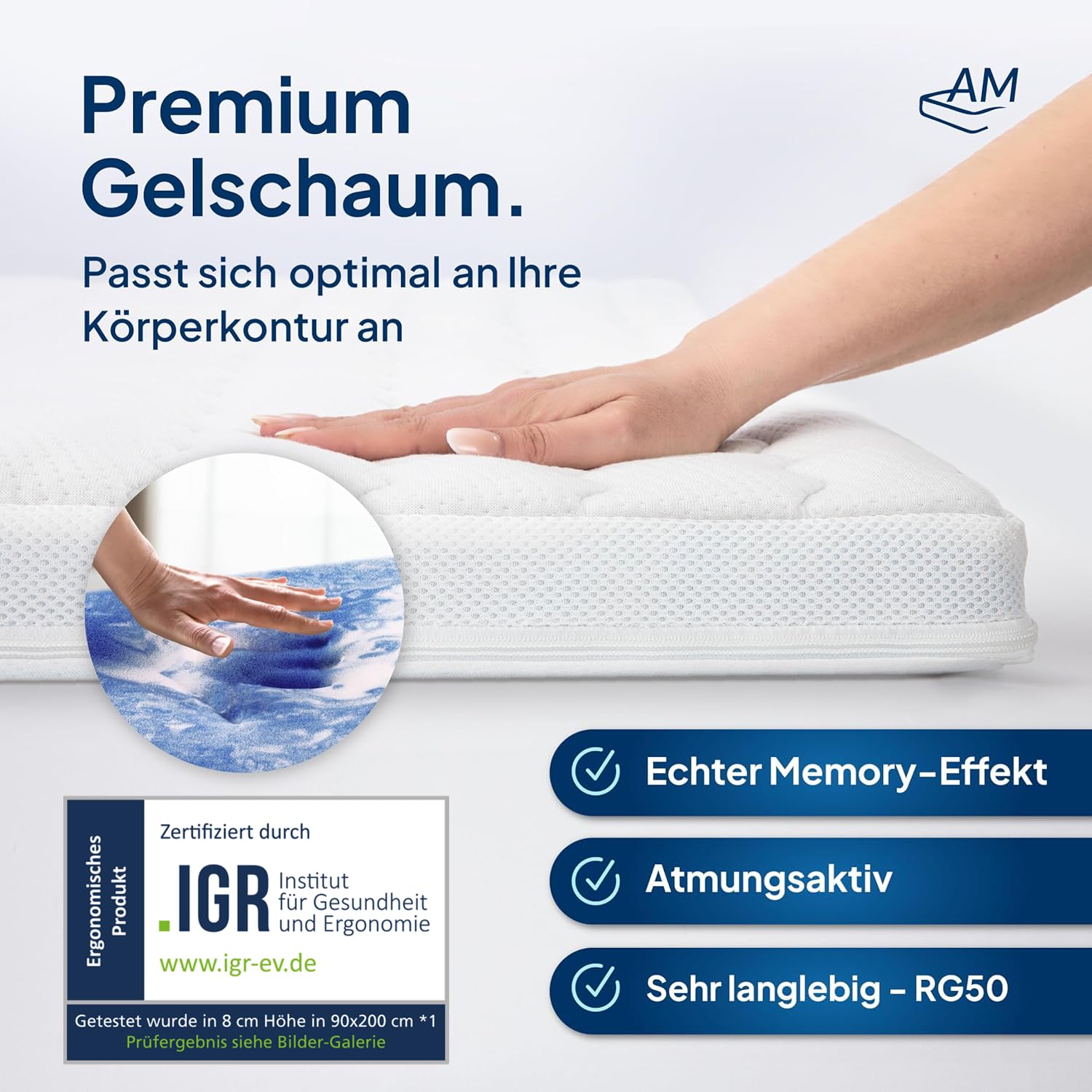 AM Qualitätsmatratzen 7 Zonen Deluxe Gel Topper 180x200cm RG50 - Made in Germany - Atmungsaktiver Gelschaum Topper 180x200-8cm - Kühlende Matratzenauflage mit Lyocell Bezug und Anti-Rutsch Funktion