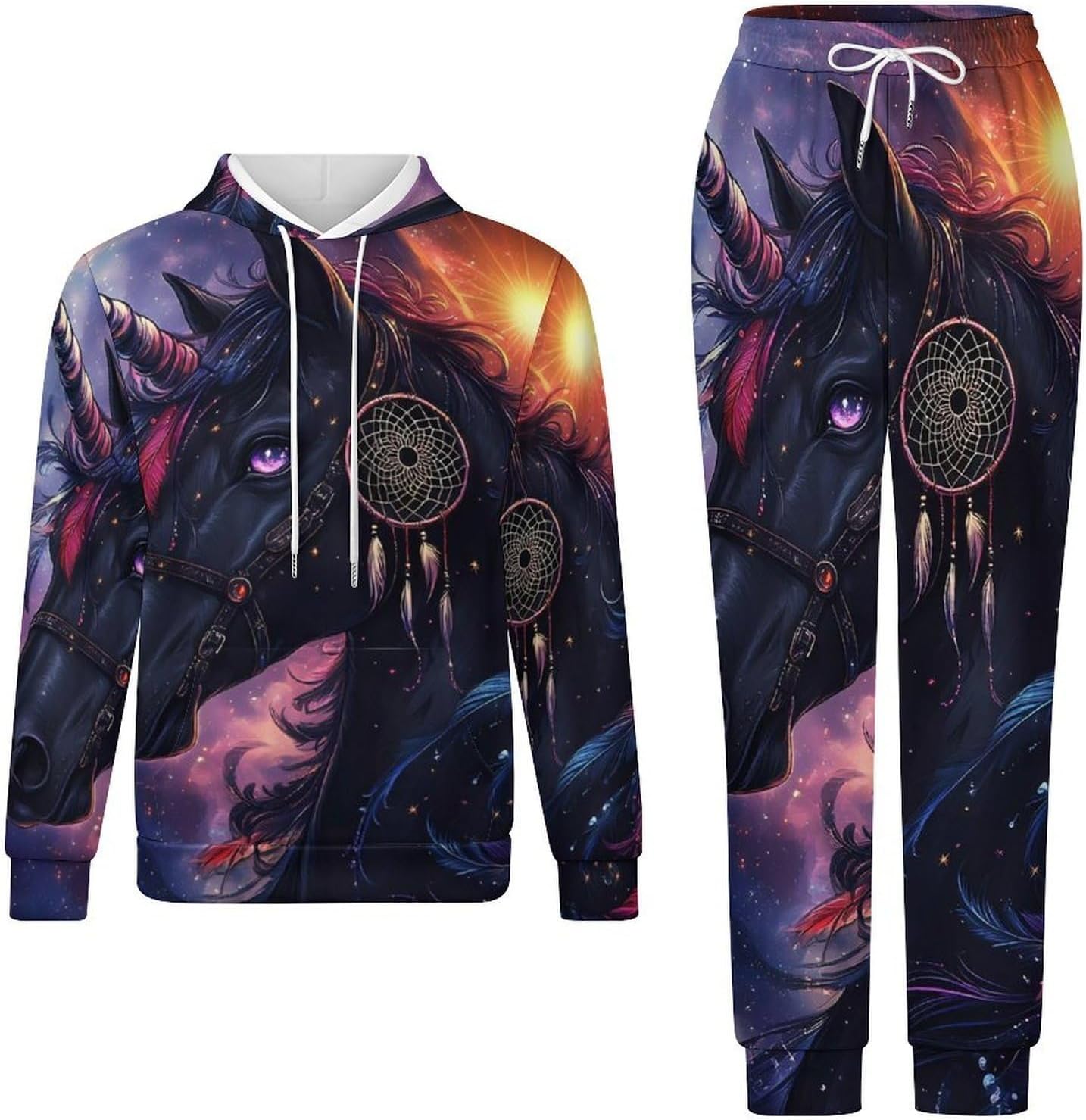Un-icorn Black Horse Fantasy 2 Piece Sweatsuits for Men Women Casual Tracksuits Jogging Suits