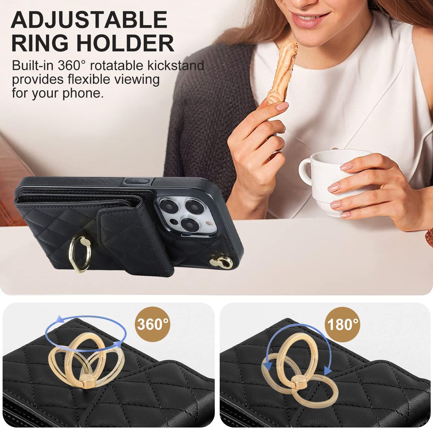 Hoorawwi Wallet Case Crossbody for iPhone 15 Pro Max, Phone Case with Card Holder Wrist Strap Kickstand - Image 2