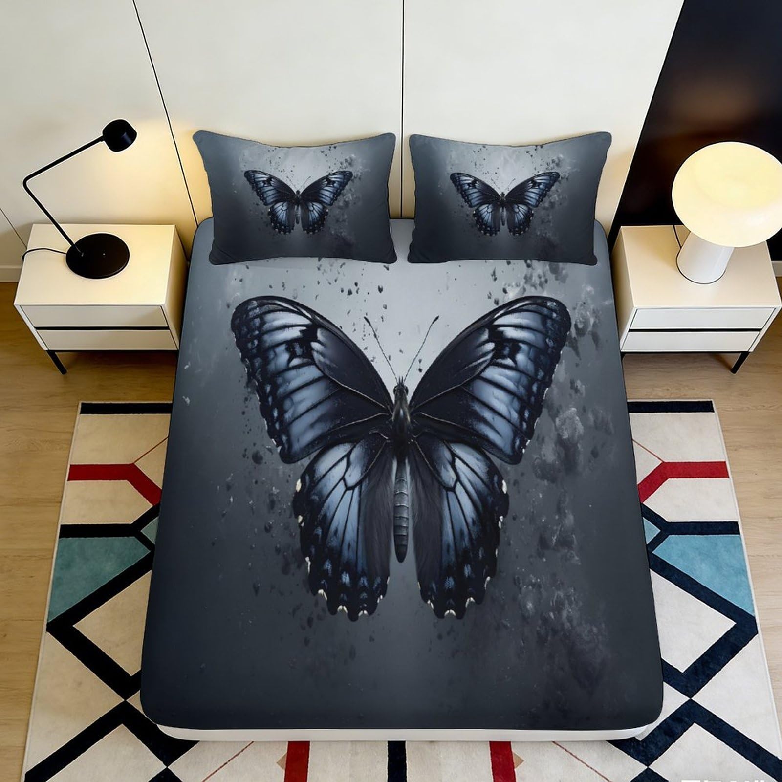 Pnayamiorkfel Style-8 3D Printed Blue Butterfly Fitted Sheet Microfiber Bedroom Decor Black Butterfly Mattress Cover For Adults Teens 90X200x25cm