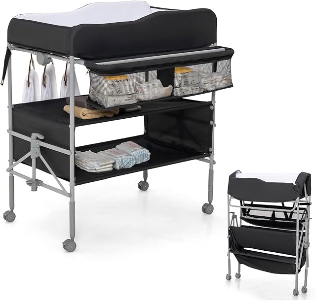 COSTWAY Baby Changing Table, Folding Nursery Changing Station with 4 Lockable Wheels, Rail, Storage Basket & Shelves, Height Adjustable Newborn Bath and Changer Unit Organizer (Black)