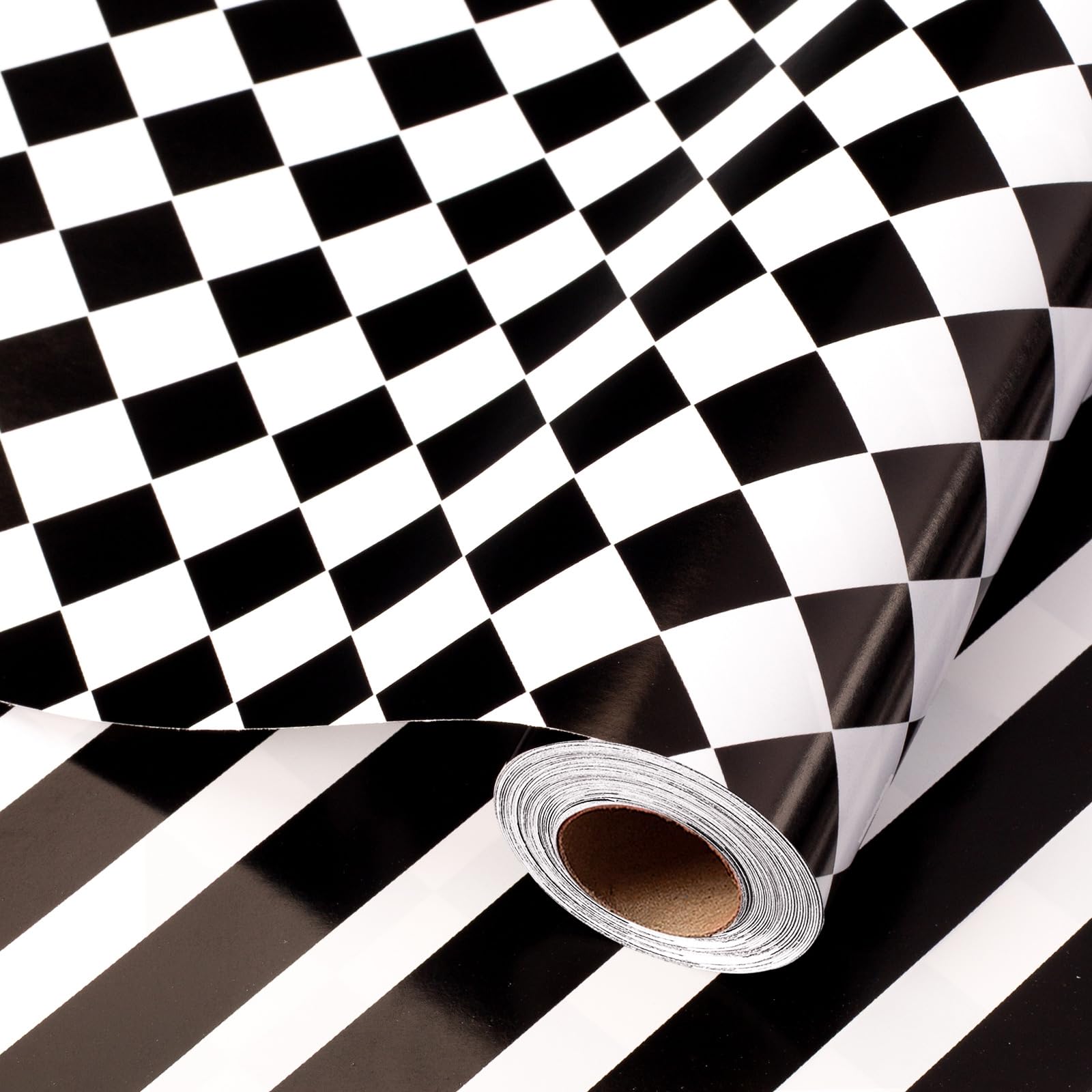 Wikadlik Black White Checkered Wrapping Paper Roll - 43cm x 10m Tartan and Stripe Design Gift Wrap Paper for Christmas, Birthday, Valentines Day, Fathers Day, Wedding โ image 1