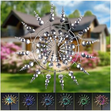 Solar Magical Metal Windmill, Kinetic Wind Spinners for Yard 360 Wind with Kinetic, 13.4 x 71in Windmills,Silver