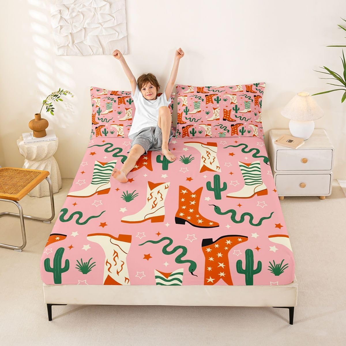 Pink Cowgirl Boot Fitted Sheet Twin Size (No Flat),Cartoon Desert Cactus Bedding Sets 2Pcs,Kids Girls Boys Room Decor,Stars Snake Bed Sheets Wild Western Deep Pocket Sheet,1 Pillowcase
