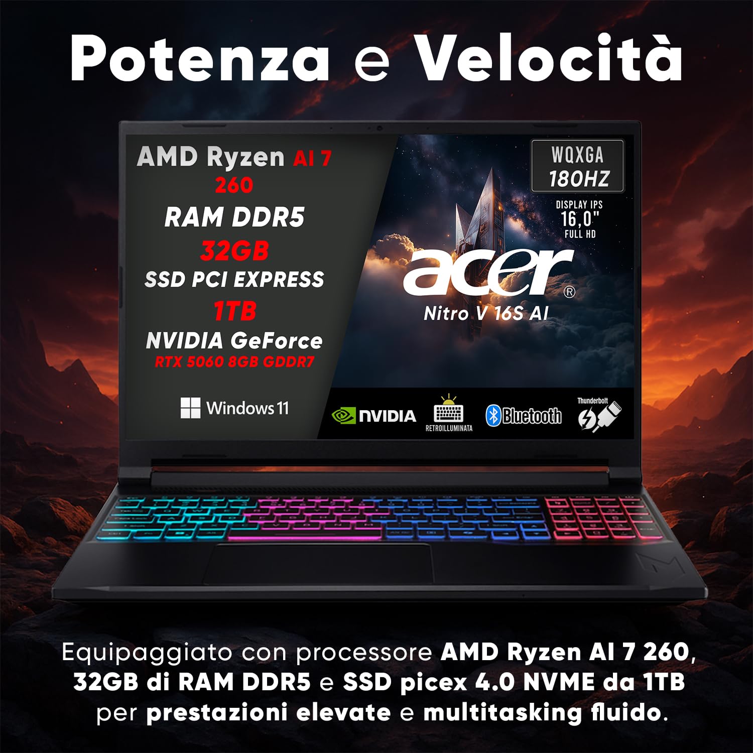 acer Nitro V16 AI PC Gaming AMD Ryzen AI 7 260, Nvidia GeForce