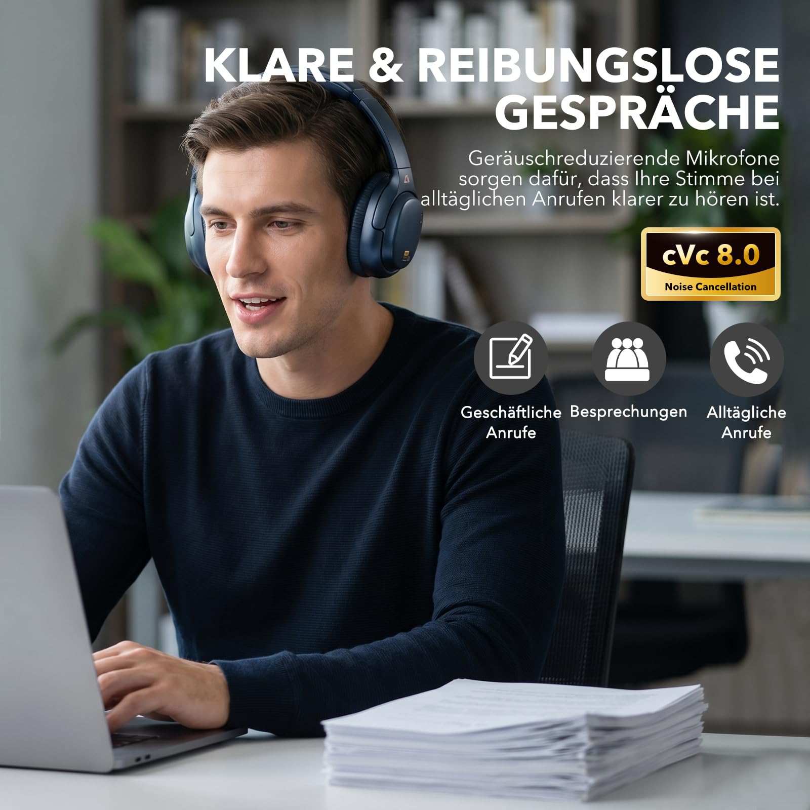 1Mii E700 Kabellose Bluetooth Noise-Cancelling-Over-Ear-Kopfhörer, Indigo | Hybrid ANC, Hi-Res Audio LDAC, Bequem für Pendler & Vielreisende, aptX Low Latency für TV, Büro, Home office & Flugzeug