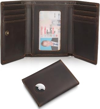 Polare Full Grain Leather Trifold Wallet with AirTag Slot RFID Blocking Credit Card Holder with ID Window for Men