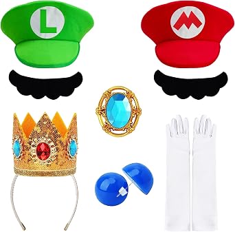 Jolbndcv Red and Green Hat with Gloves Buttons and Beard for Cosplay Costume