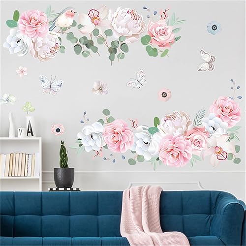 Miniatura 3 de WOHAHA Calcomanías de pared florales para despegar y pegar, calcomanías de pared con diseño de mariposas y pájaros, peonías rosas, hojas verdes,