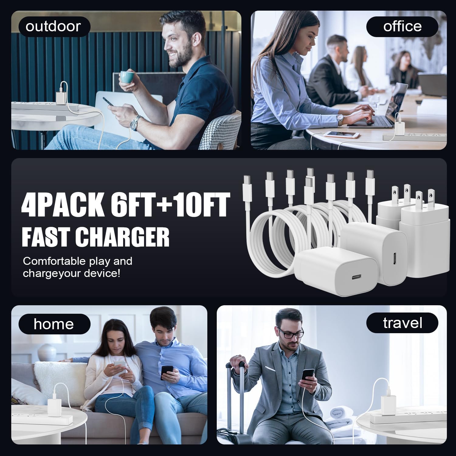 Essri 25W for iPhone 16 15 Charger Fast Charging,4 Pack USB C Wall Charger Block with (6 ft+10 ft) x2 Long USB C to C Cable for iPhone 16/15 Pro Max/Plus,for iPad Pro/Mini,White