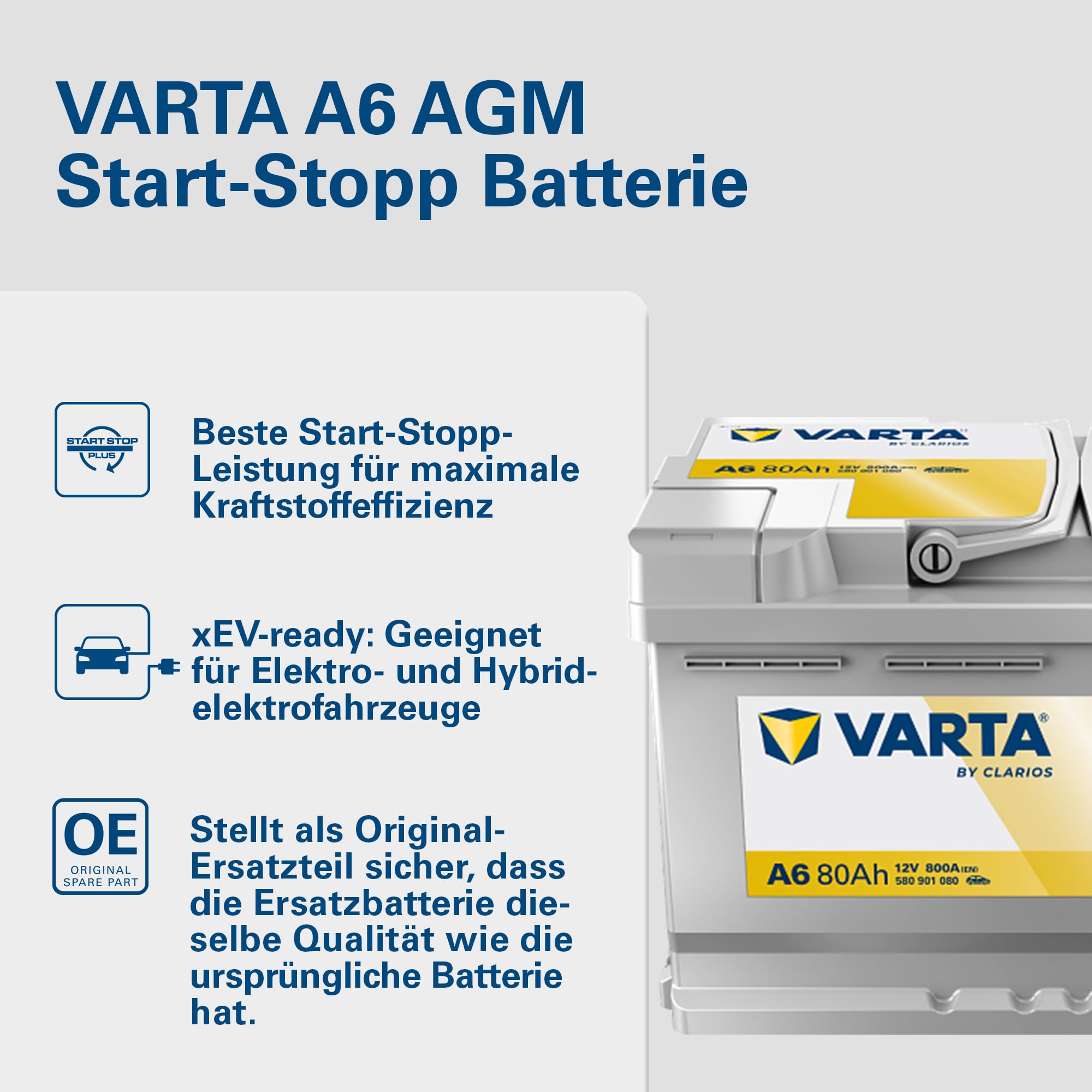 VARTA Automotive DYNAMIC AGM (A6) 12V 80Ah 800A - Nassbatterie für Start-Stopp Systeme und xEV - Starterbatterie für Autos mit höherem Energiebedarf - Wartungsfreie Bleisäurebatterie