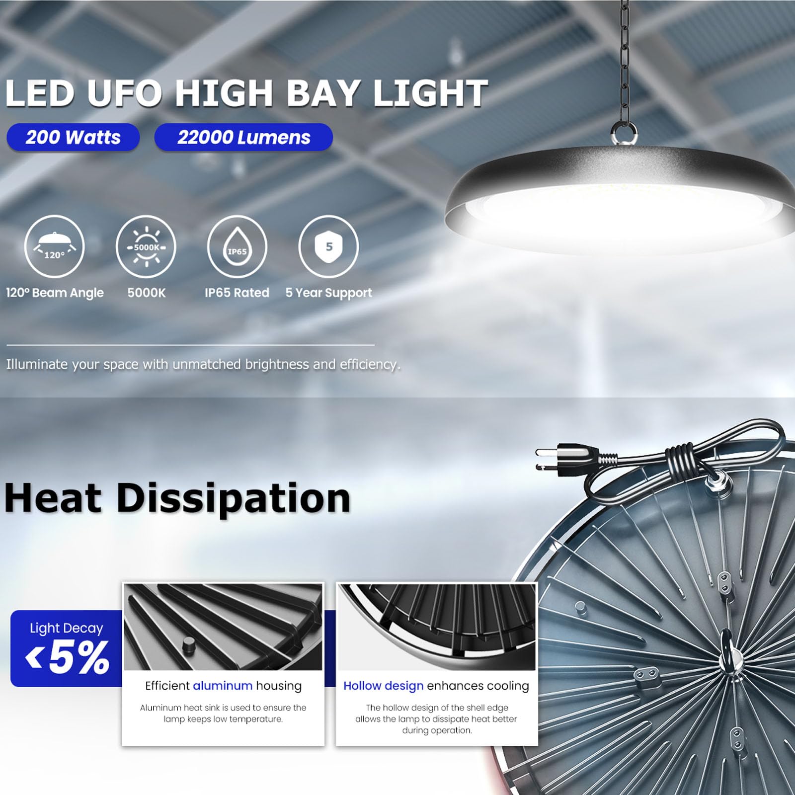 8Pack 200W UFO LED High Bay Light 30000lm 6000K Daylight 2000W Equivalent with 59inch US Plug Cable Garage — view 3