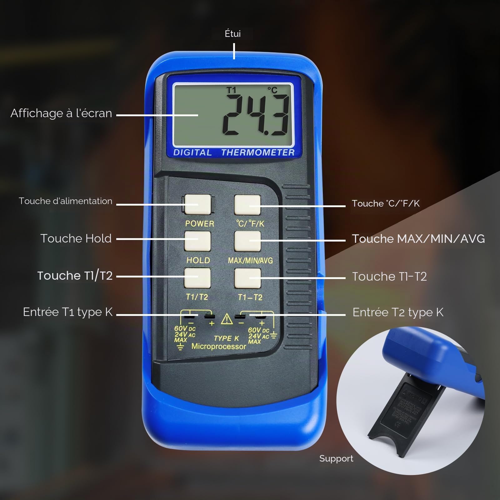 Thermomètre Numérique à Thermocouple de Type K (Double Canal) pour CVC, avec 4 Sondes, Mesure des Températures MAX/MIN/MOY, Plage de -50 à 1300 °C