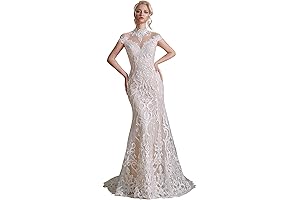 Women's Capped Beaded Lace Applique Mermaid Tulle Wedding Dress by ikerewedding