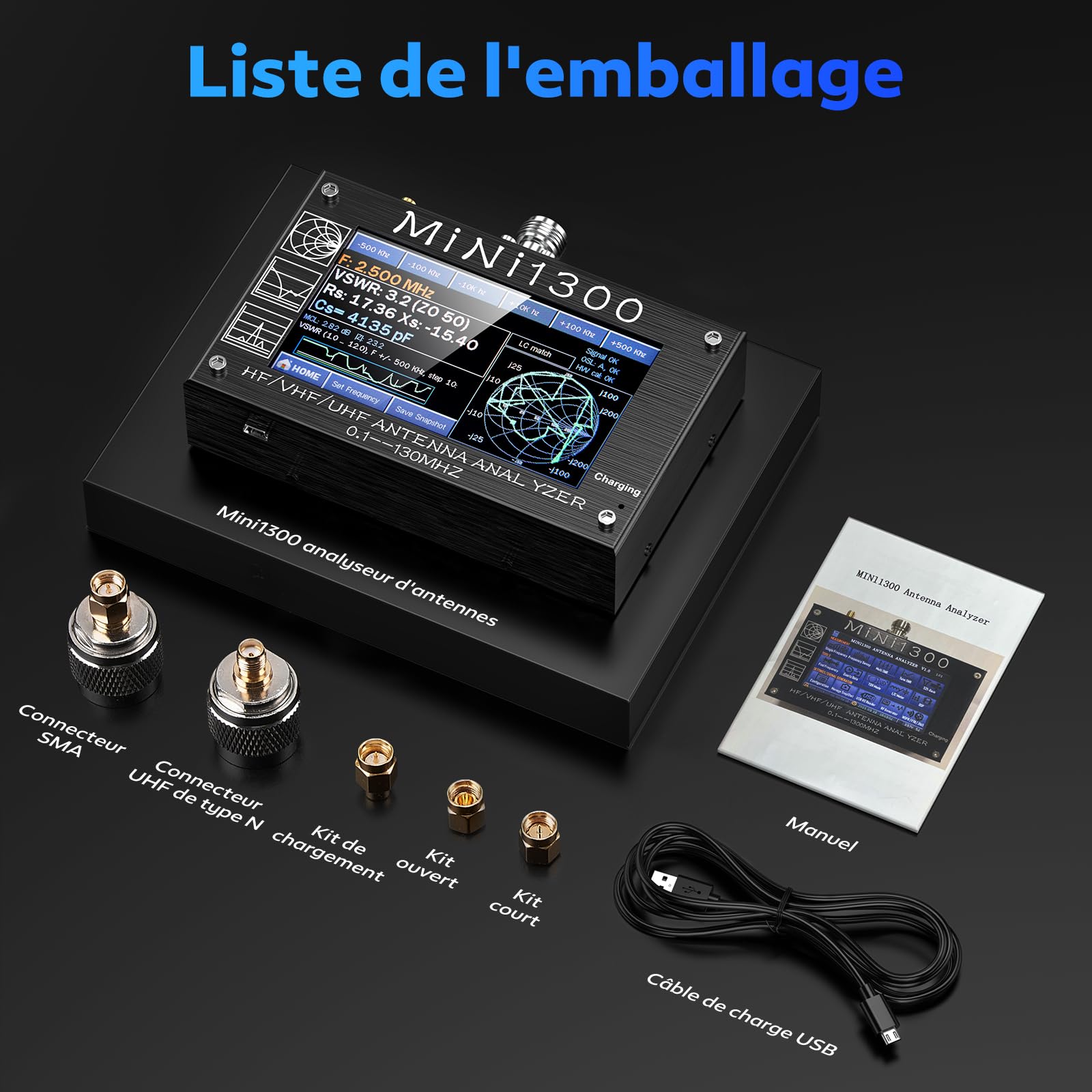 Seesii Mini 1300 Analyseur d'antenne, Analyseur de Réseau Vectoriel 2023 Mise à Niveau 4,3'' 0,1-1300MHz HF VHF UHF, Générateur de Signal avec Kits d'étalonnage SMA pour ANT/SWR/TDR/DSP RF