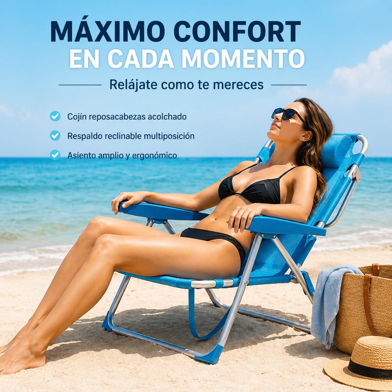 TIENDA EURASIA Pack 2 Sillas de Playa Plegables, Reclinables con 4 Posiciones, Refuerzo Antivuelco en Patas, Reposacabezas, Textileno, Azul Turquesa, 48x62x85 cm