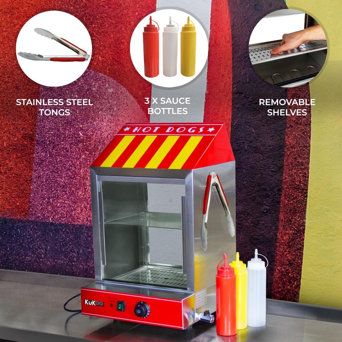 Macchina per Hot Dog a Vapore Macchina Hot Dog Acciaio Inox Hot Dog Maker 2000W, Capacità: 100 salsicce, 30 panini, Intervallo di temperatura 30-110 °C, con Valvola di scarico Accessori GRATIS