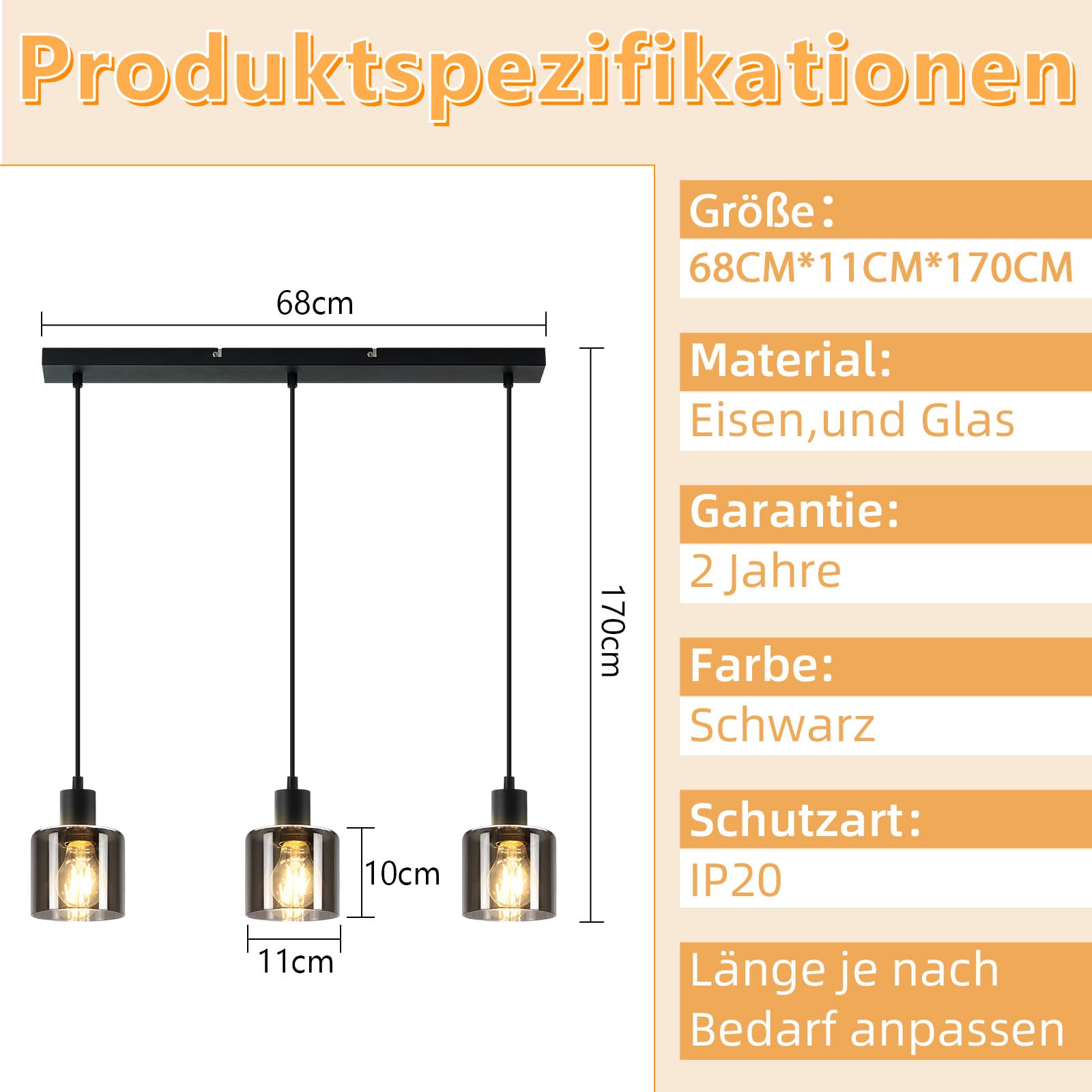 ZMH Hanglamp eettafel hanglamp zwart - eettafellamp hanglamp E27 vintage 3 vlam eetkamerlamp industriële hanglamp retro voor woonkamer hotel kantoor (zonder lamp