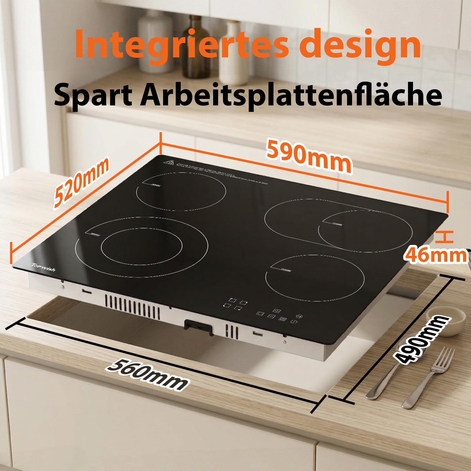 Topwish Glaskeramikkochfeld 4 Platten 60cm 6600W Elektroherd mit Kindersicherung Restwärmeanzeige Timer