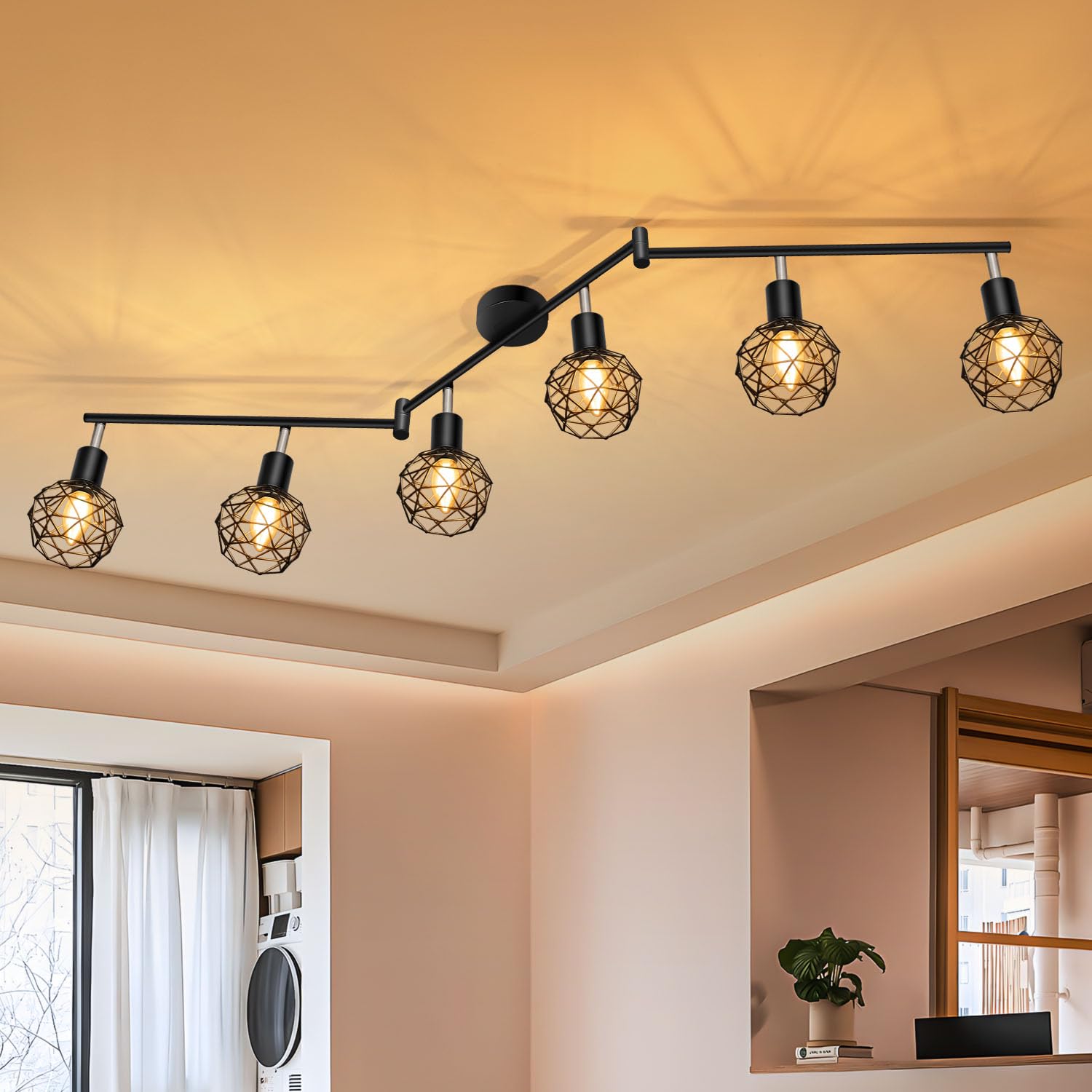 Deckenstrahler 6 Flammig, 350°-Drehung, Deckenspots E14 Fassung, Deckenlampe LED Deckenleuchte, Spotleuchte Wand, Wandstrahler für Küche, Wohnzimmer, Schlafzimmer, Schwarz (Ohne Leuchtmittel)