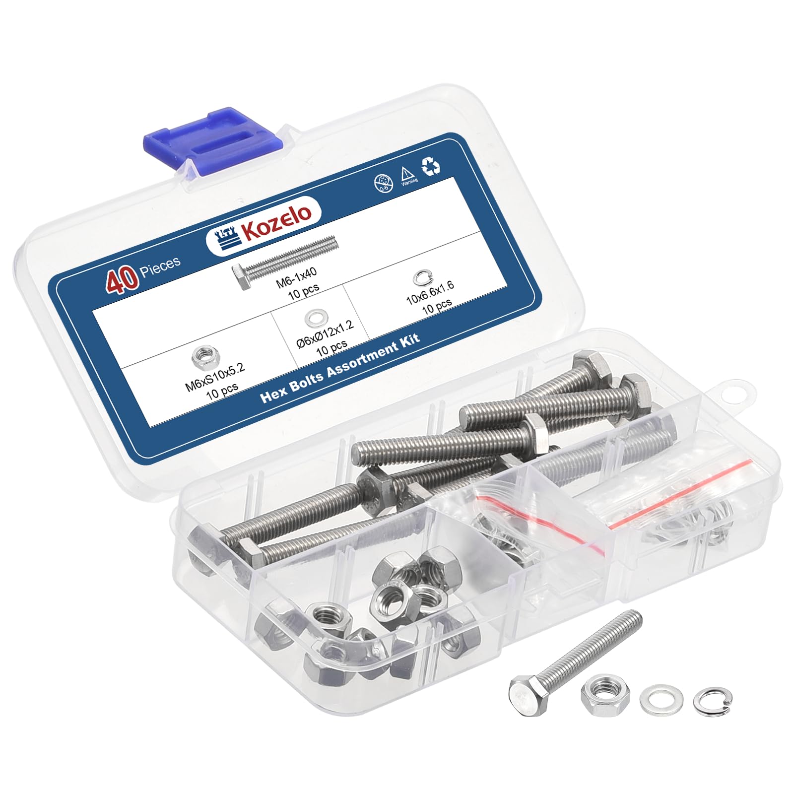 Kozelo 40 Pcs Bolts and Nuts Washers Kit - [M6-1x40] 304 Stainless Steel Hex Tap Bolt Assortment Fully Threaded Hexagon Head Machine Bolts Right Hand External Hex Drive, Silver Tone