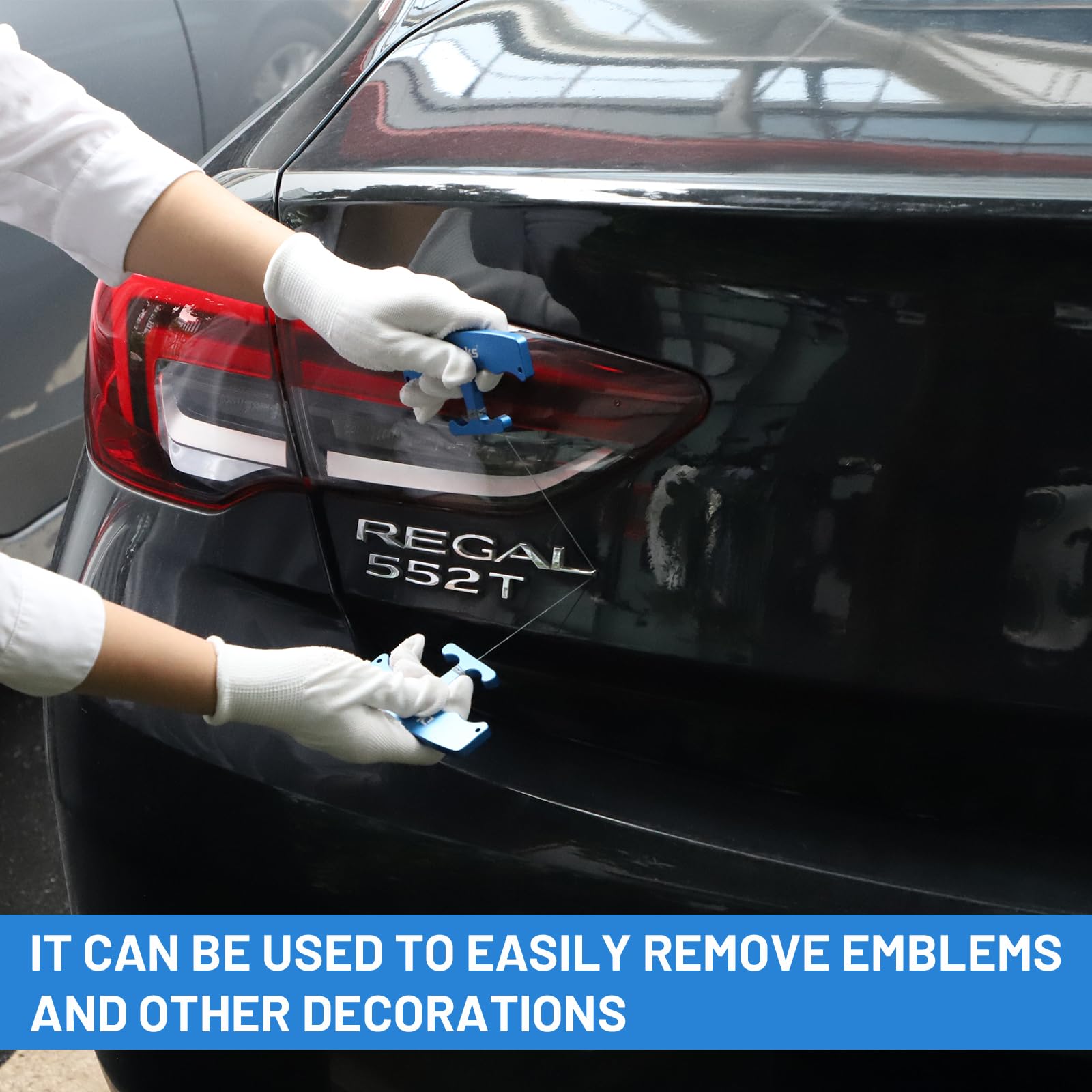 DBREAKS Voiture Enlever Les Emblèmes, 2 Pièces Outil D'enlèvement De Logo, avec 5 Câbles PE de Rechange et Une Paire de Gants, Suppression des Logos sans Traces