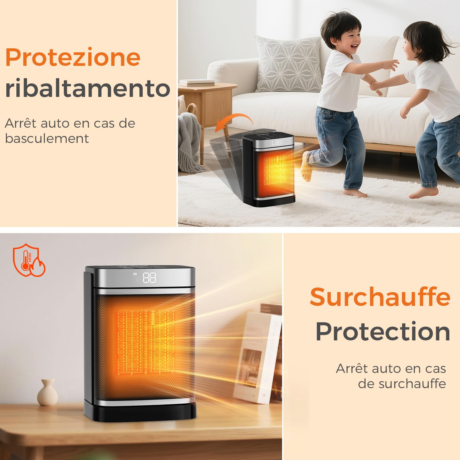 YASHE Chauffage d'appoint électrique, céramique PTC 1500W, Télécommande, Sécurité enfant, Protection anti-basculement et anti surchauffe, Minuterie 1-24 h, Mode ECO, Rectangle