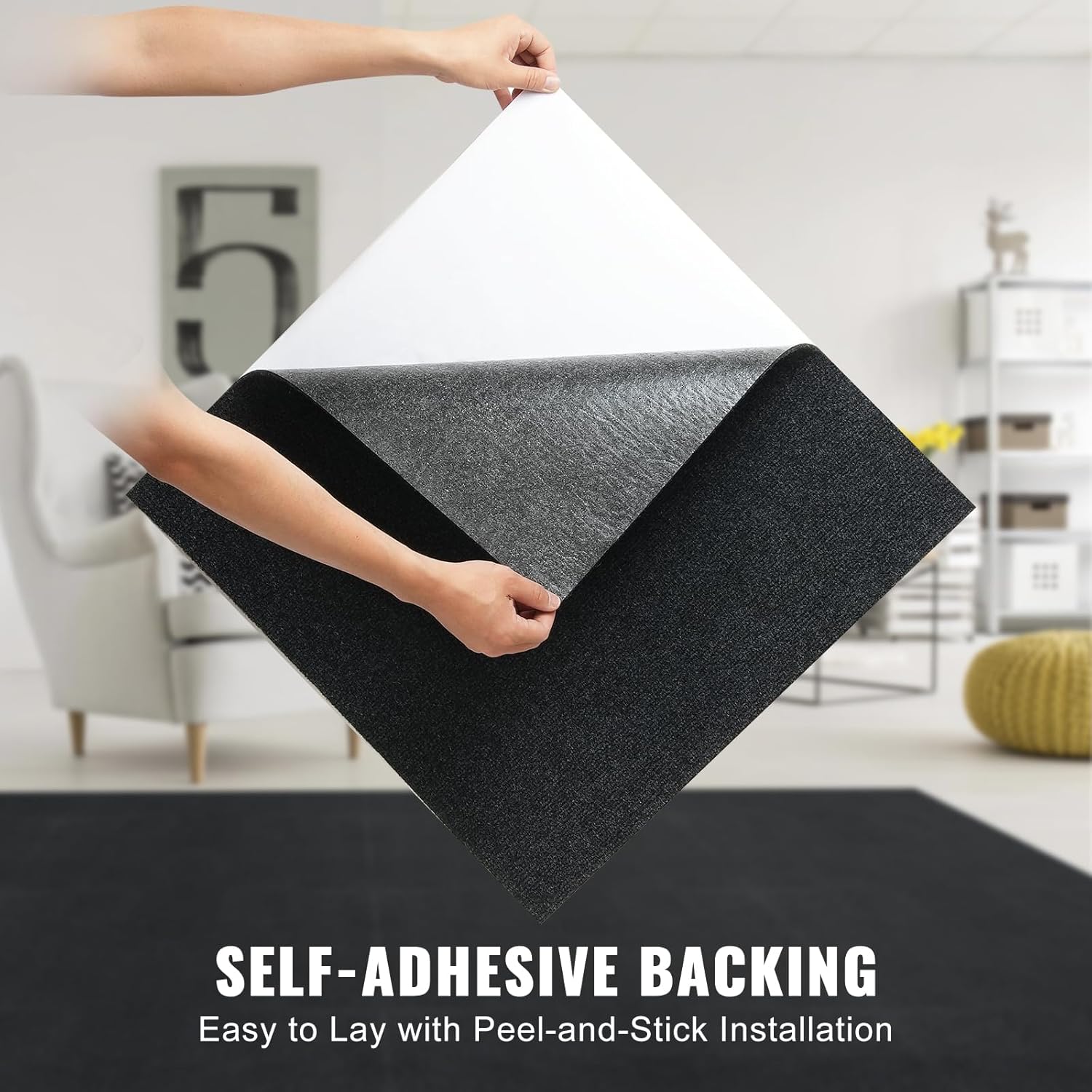 VEVOR 24 x 24 Peel and Stick Carpet Tiles Squares with Self Adhesive & Soft Padded for Indoor Outdoor Kitchen Living Room Bedrooms - Pack of 15/60 sq ft/Carbon Black