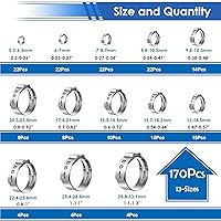 Vista 2 de Kit surtido de 170 piezas de abrazaderas de manguera de una oreja de acero inoxidable 304 de 13 tamaños, abrazaderas de manguera de crimpar de 5.3