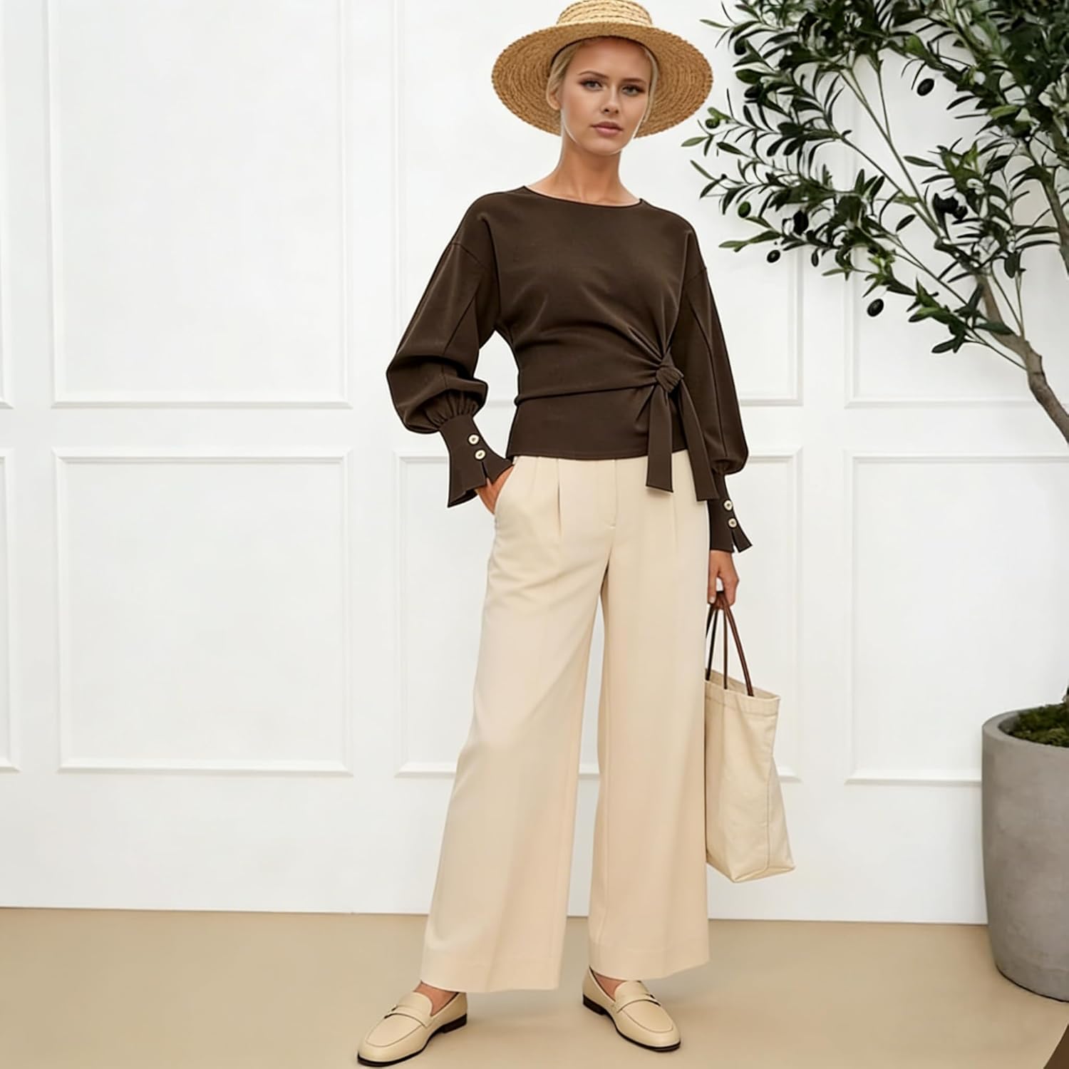 Twist Knot Tie Front Sweatshirt Tops For Women Long Balloon Sleeve Crew Neck Pullover Casual Fall Outfits - Image 4