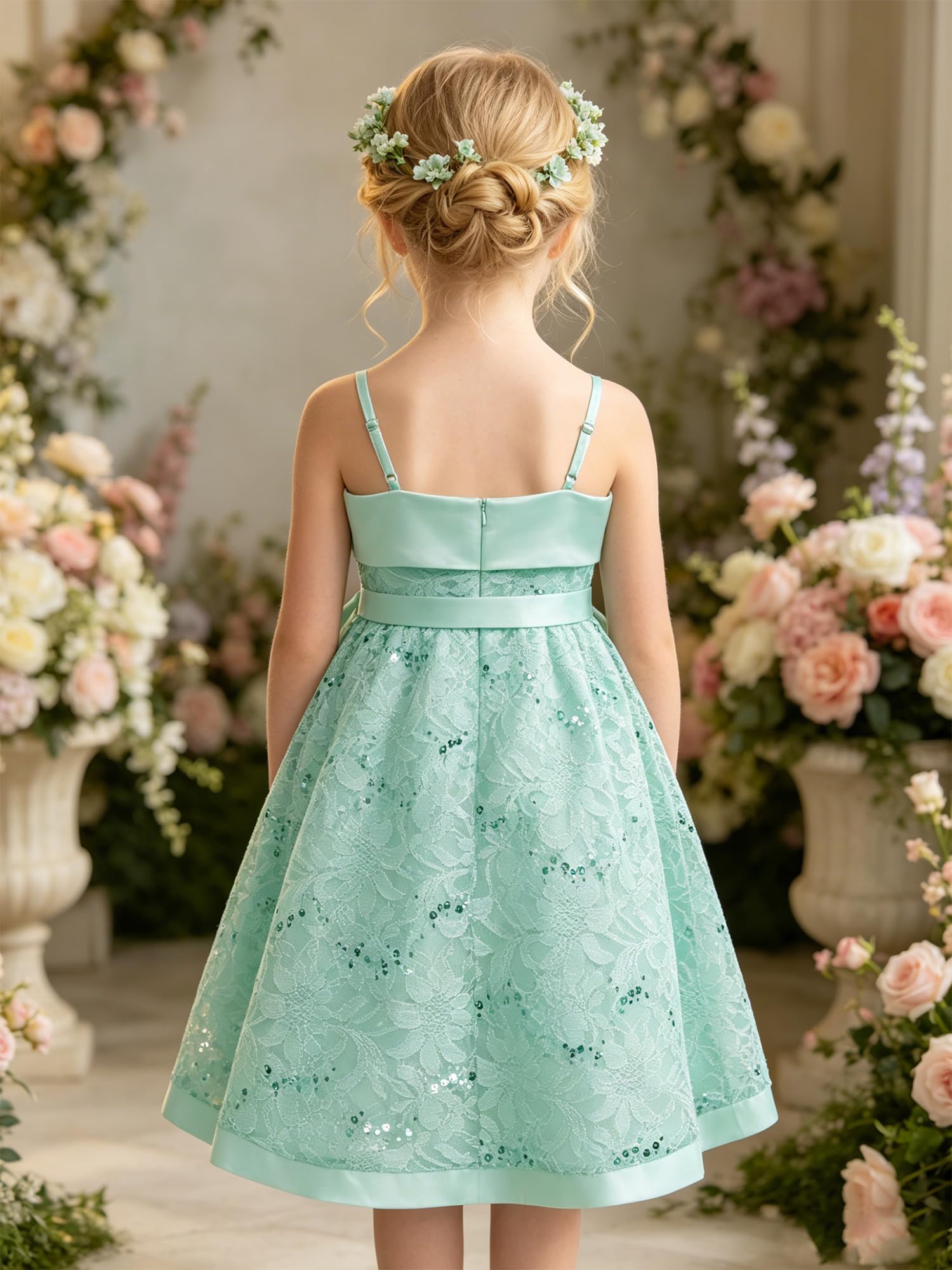 Bambini Vestito Forma A da Festa di Compleanno per Ragazze Sposa | Grande Fiocco Laterale,Spaghetti Straps,Collo Quadrato,Festa Sera,Cocktail,Prima Comunione,Damigella D’Onore,Celebrazione