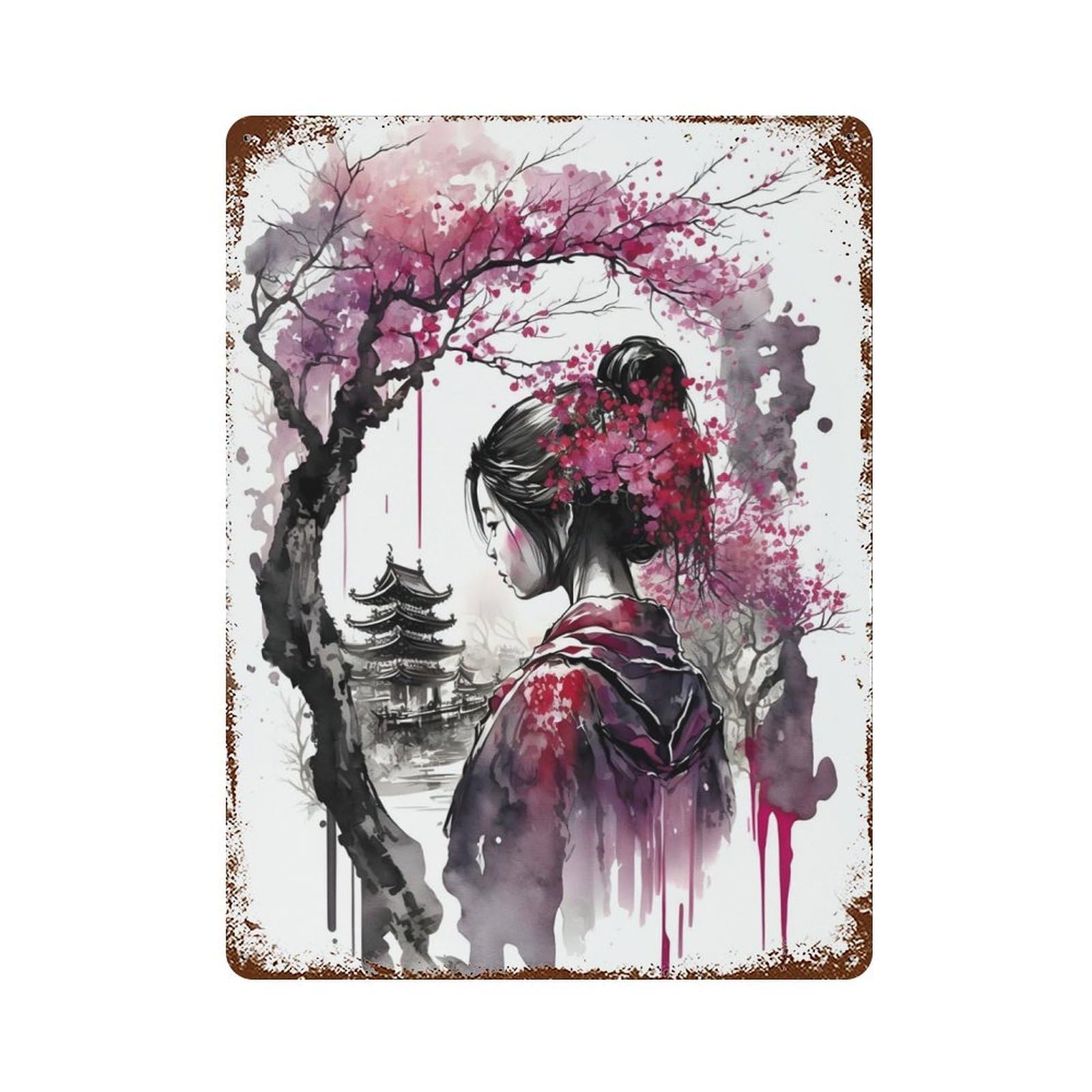 Geisha Cherry Blossom 2 15.7"x11.8" Rustic Tin Plaque, Farmhouse Wall Decor for Basement, Hobby Room And Garage Decor