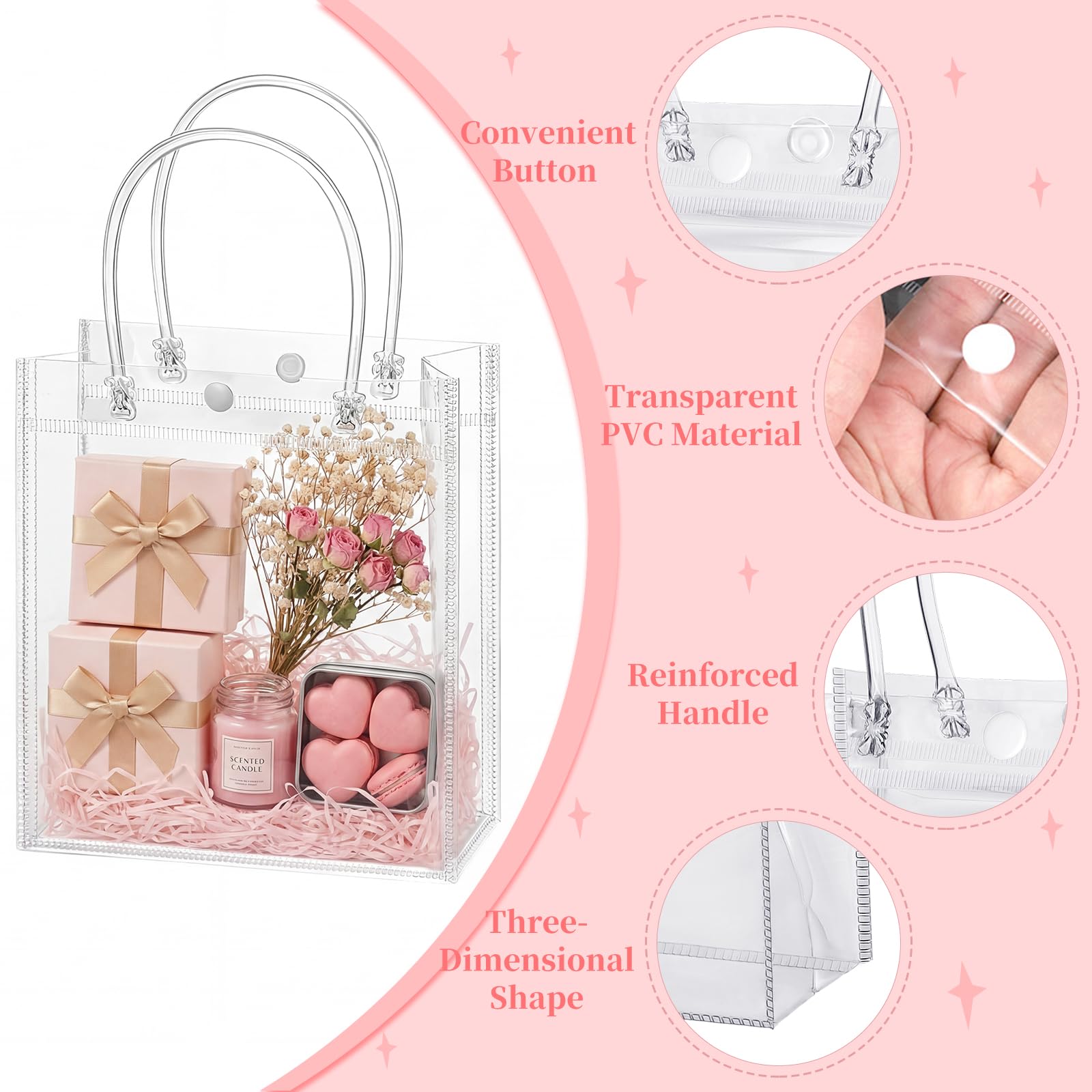 woric Clear Gift Bags with Handles, 15 PCS Small Plastic Party Favor Bags Reusable Transparent Gift Wrap Goodie Bag Bulk for Weddings Graduation Father's Day Birthdays 5.9"x5.1"x2.75"