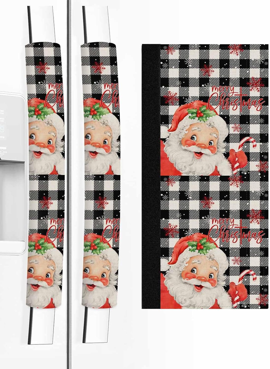 Christmas Santa Refrigerator Door Handle Covers Set of 2 for Dishwasher Microwave Oven Fridge Stove Appliance Door Handles,Washable Kitchen Decor Accessories,Winter Snowflake Buffalo Plaid Black
