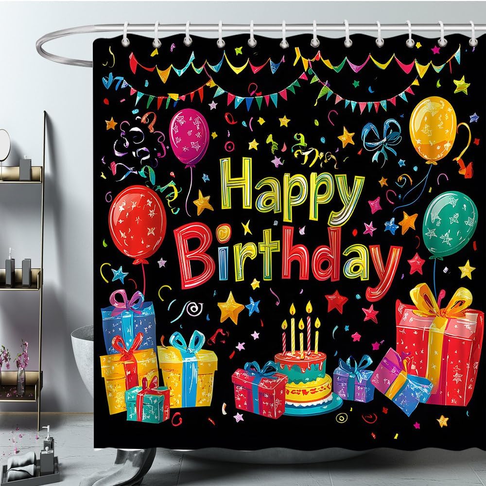 Happy Birthday Shower Curtain Festival Celebration Balloon Cake Ribbon Bow Black Bath Decor Polyester Fabric Curtains 106X70 Inch