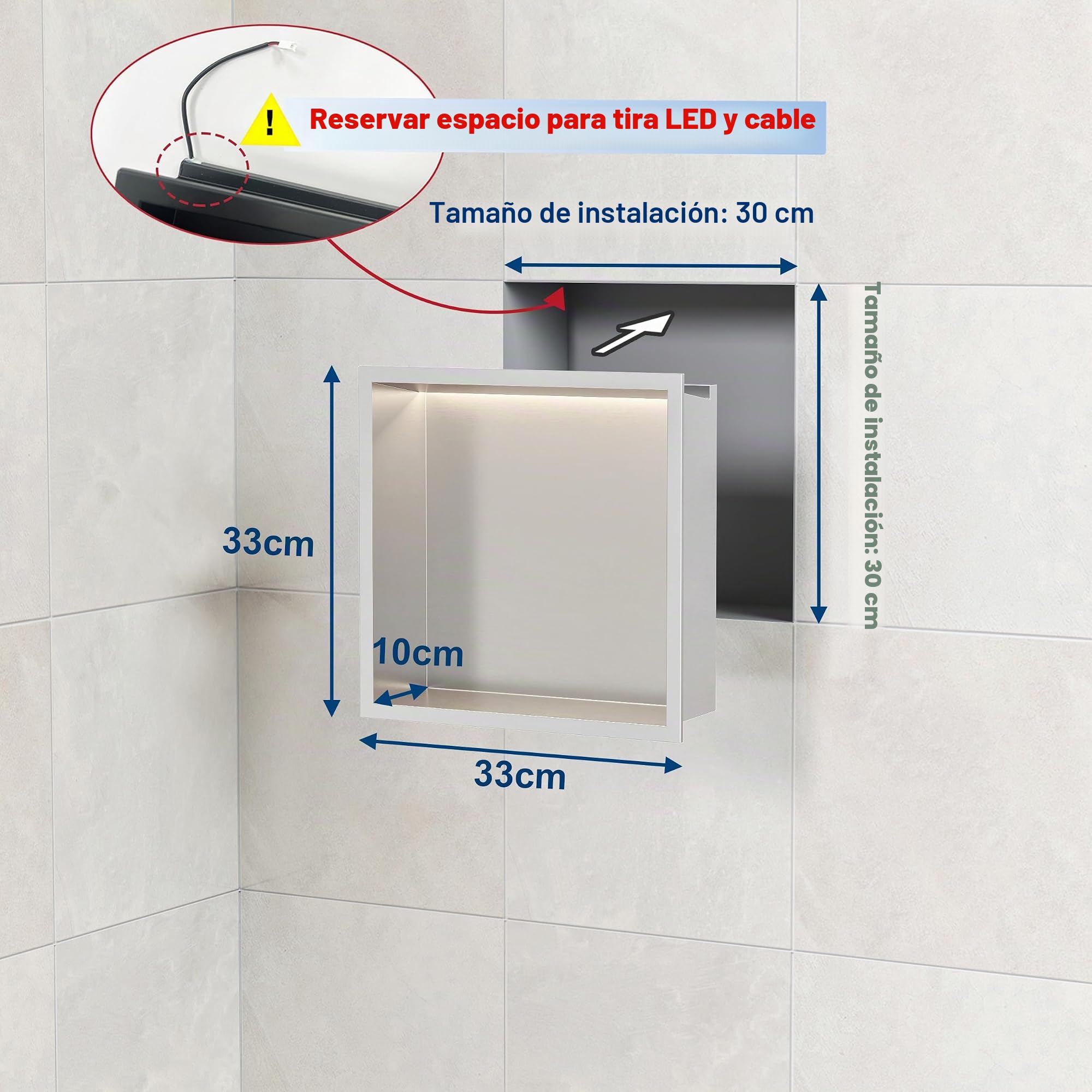 Aldaba de Pared para Ducha de Acero Inoxidable con Luz LED, Nische de Ducha Incorporada con Estante Individual para Almacenamiento en el Baño, 30 x 30 cm