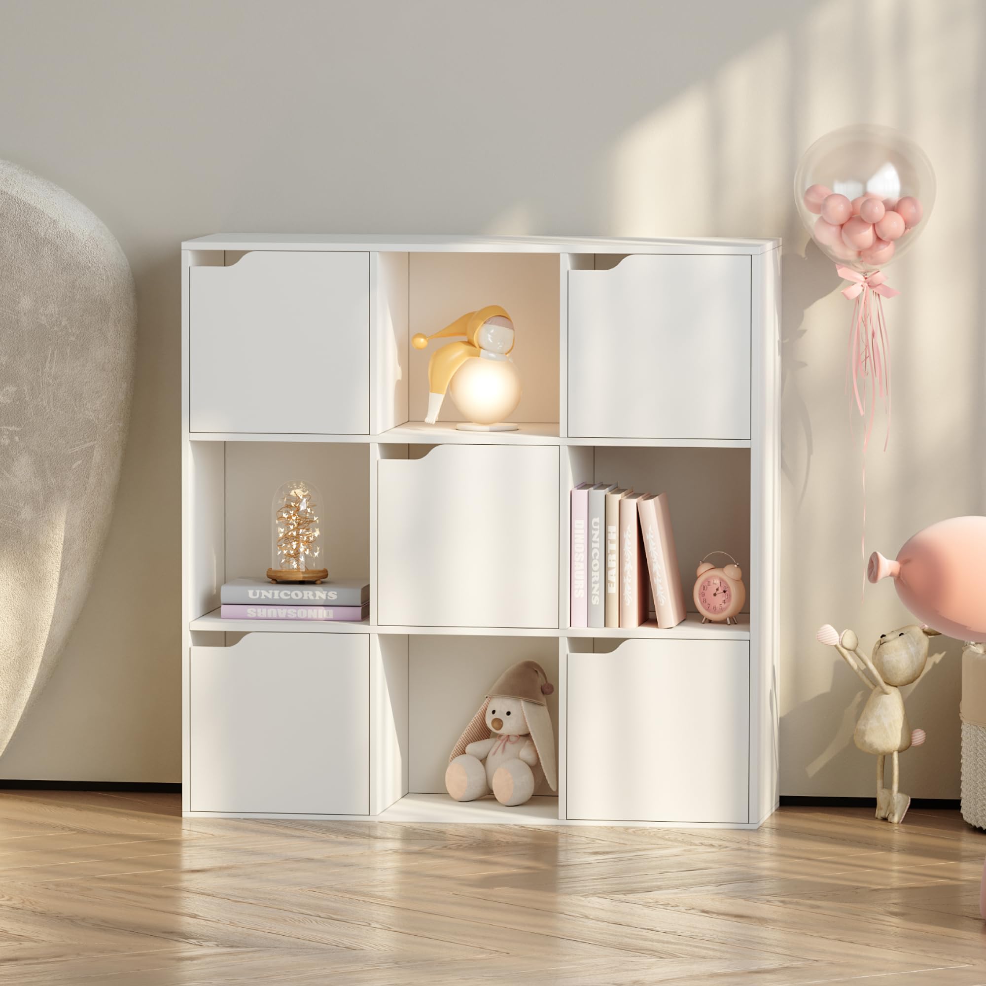 [en.casa] Scaffale per Cameretta a 9 Cubi Mobile Contenitore per Bambini con 5 Scomparti Chiusi da Ante e 4 Vani Aperti Libreria per Soggiorno Ingresso 90 x 90 x 30 cm - Bianco