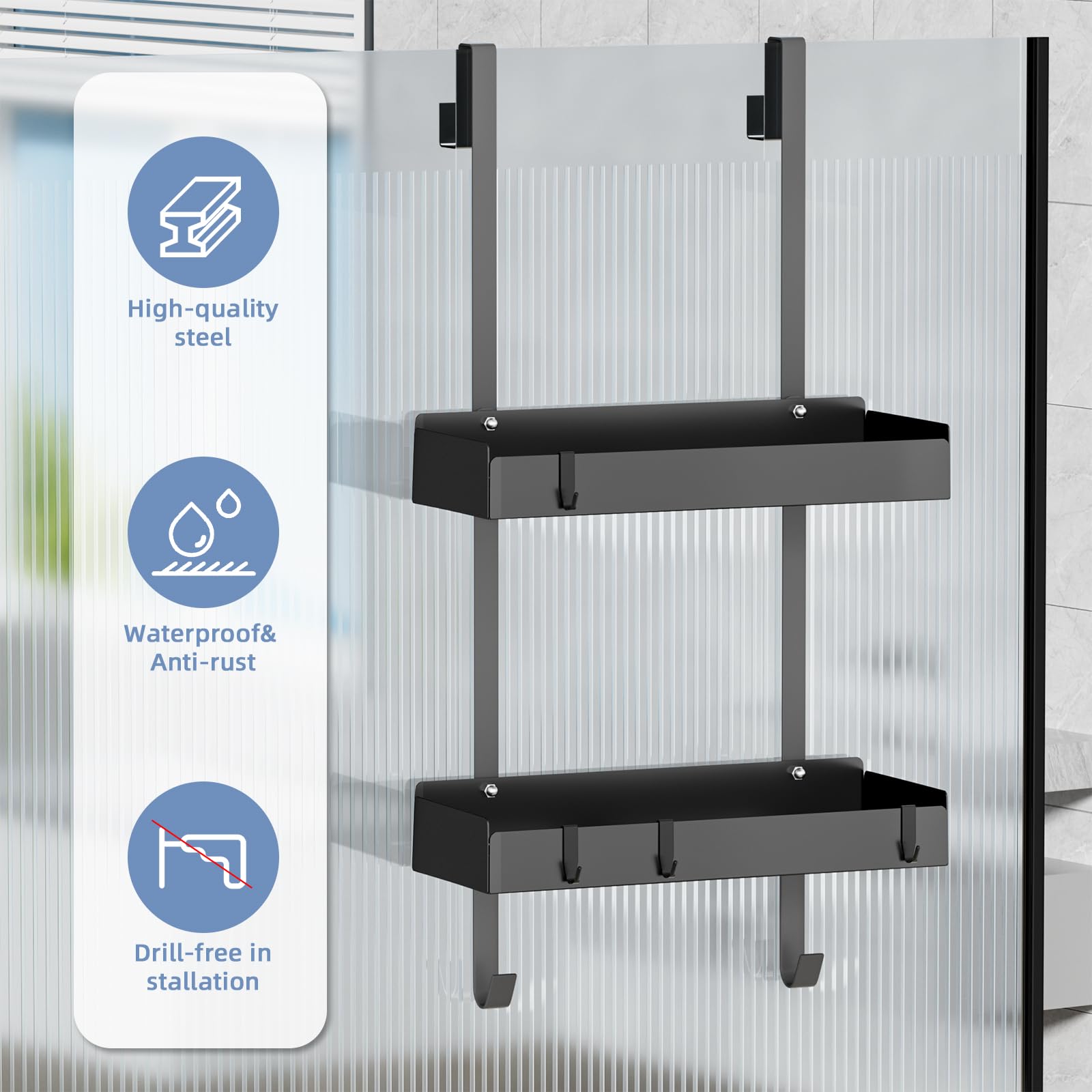 Wisfame Shower Caddy Hanging Organiser Storage, Rustproof Over Door Shower Shelf Basket No Drilling with 8 Hooks - Image 2