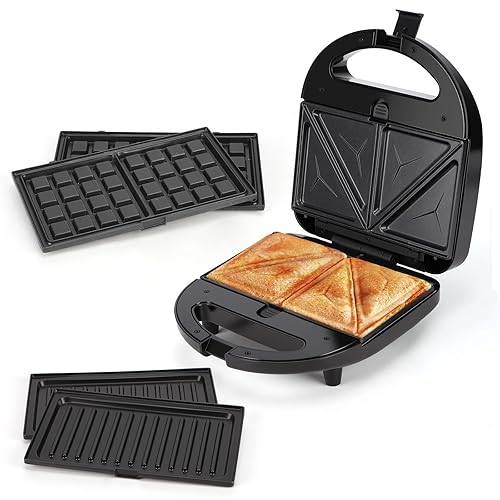 Sandwichmaker 3 in 1, Sandwichtoaster, Kontaktgrill, Waffeleisen 3 in 1, 3 Abnehmbare, Spülmaschinengeeignete und Antihaftbeschichtete Grillplatten, Dreieckig Sandwich Maker 30JVU, 750 W