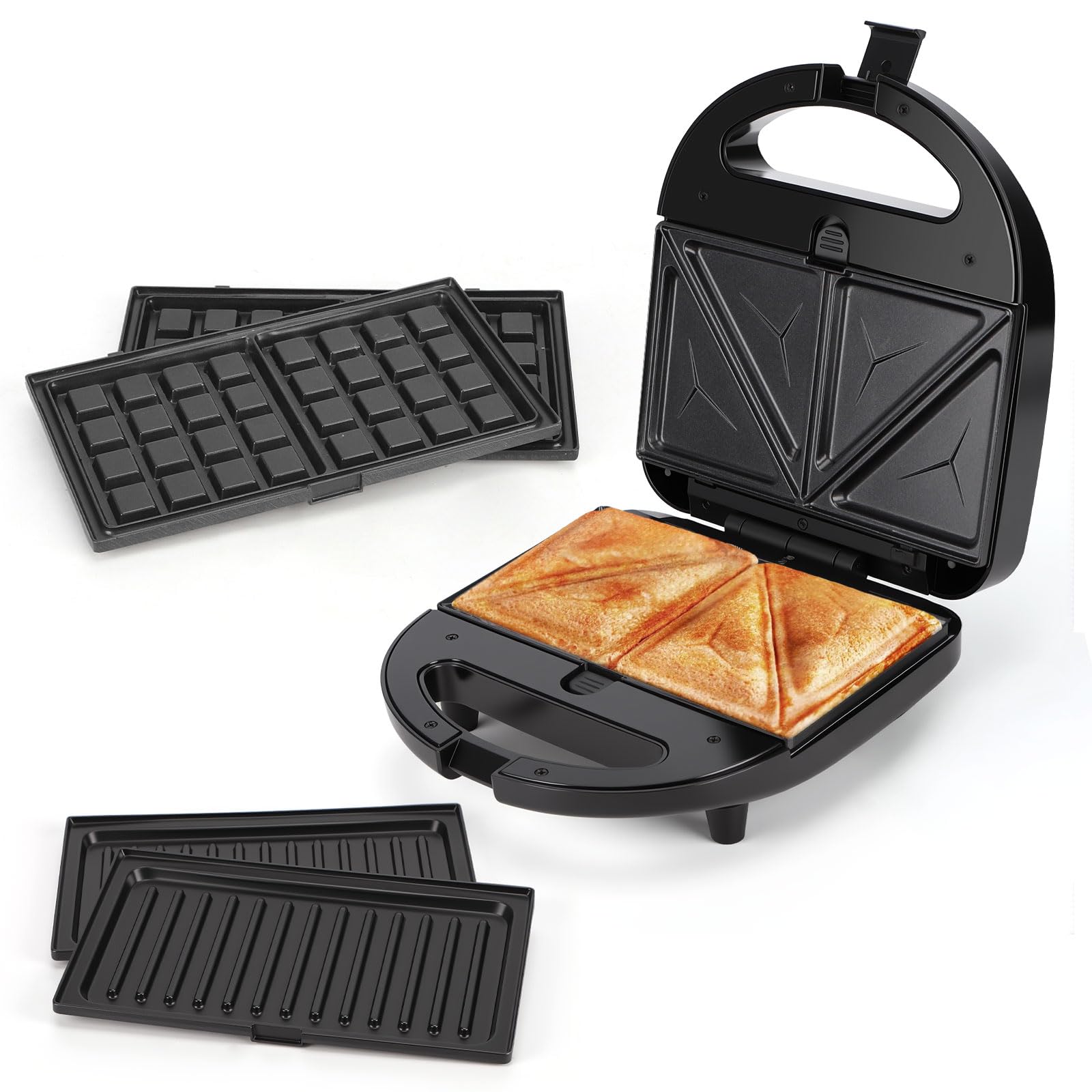 Aigostar - Sandwich-Maker 3 in 1, 750 W, 3 Abnehmbare Grillplatten, Waffeleisen Antihaftbeschichtet, Spülmaschinenfest, Dreieckig, Vertikale Lagerung, Schwarz